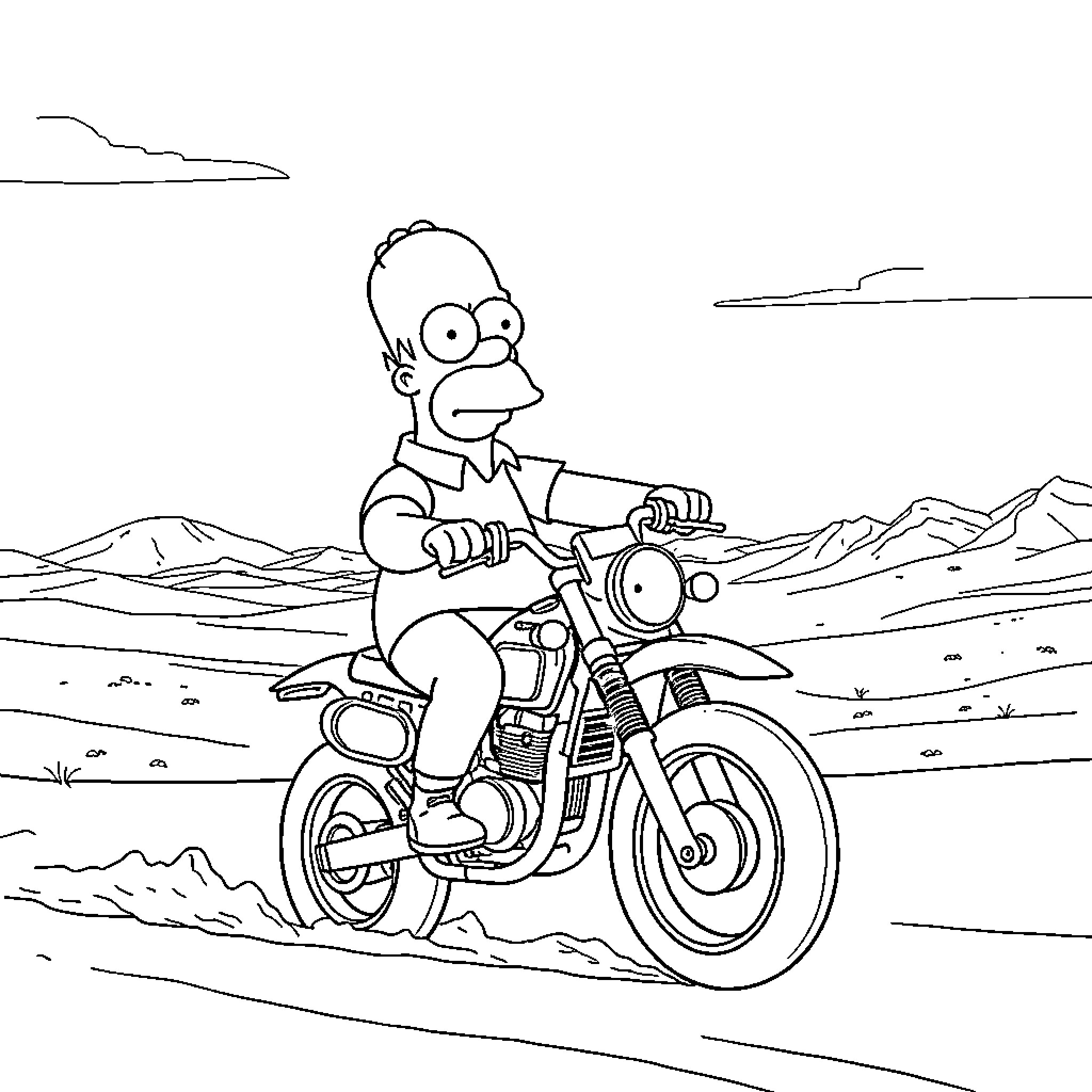 Homer Simpson riding motorcycle in desert landscape Coloring Page (free black-and-white line drawing printable PDF for all, from beginners to advanced learners, including children, teens, adults, and seniors)