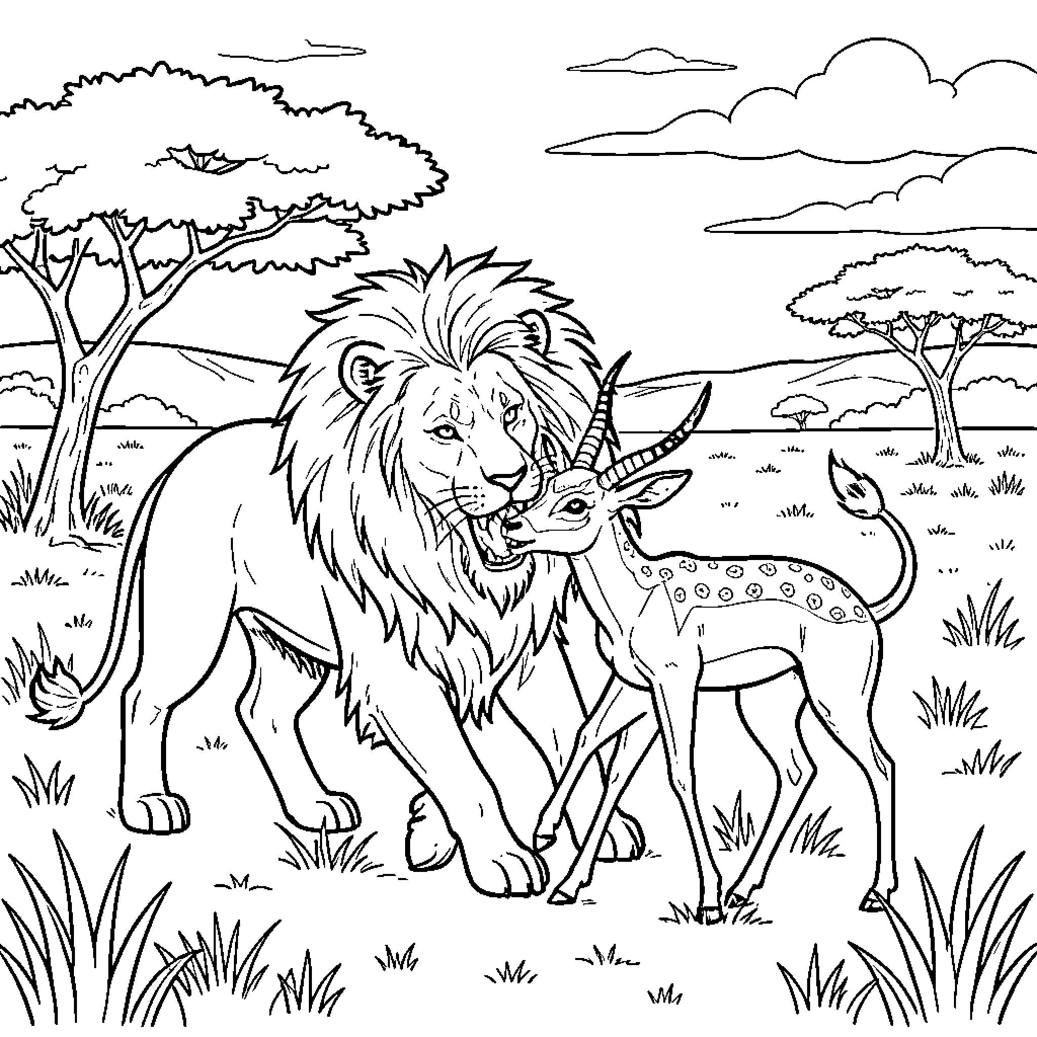 Lion interacting gently with a small deer in savanna Coloring Page (free black-and-white line drawing printable PDF for all, from beginners to advanced learners, including children, teens, adults, and seniors)