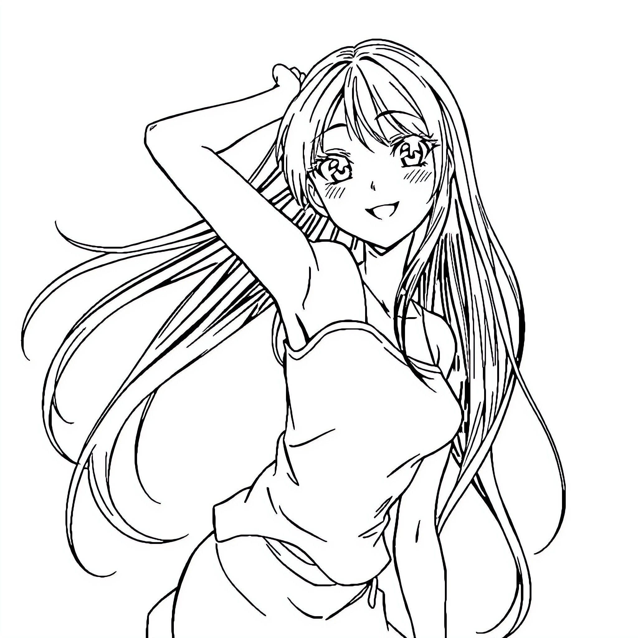 Anime Woman with Flowing Hair Coloring Page (free black-and-white line drawing printable PDF for all, from beginners to advanced learners, including children, teens, adults, and seniors)
