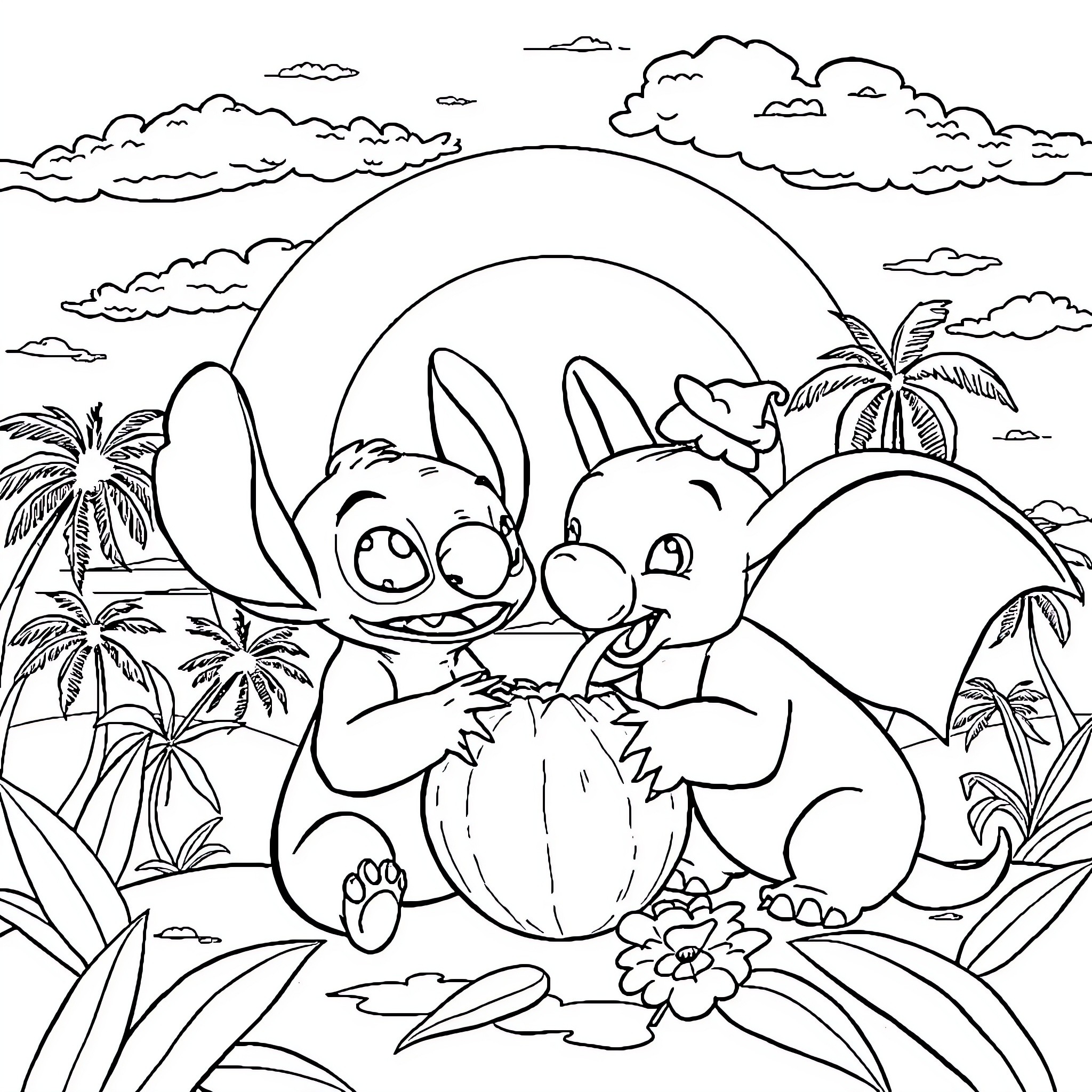 Stitch and Friends in Tropical Paradise Coloring Page (free black-and-white line drawing printable PDF for all, from beginners to advanced learners, including children, teens, adults, and seniors)