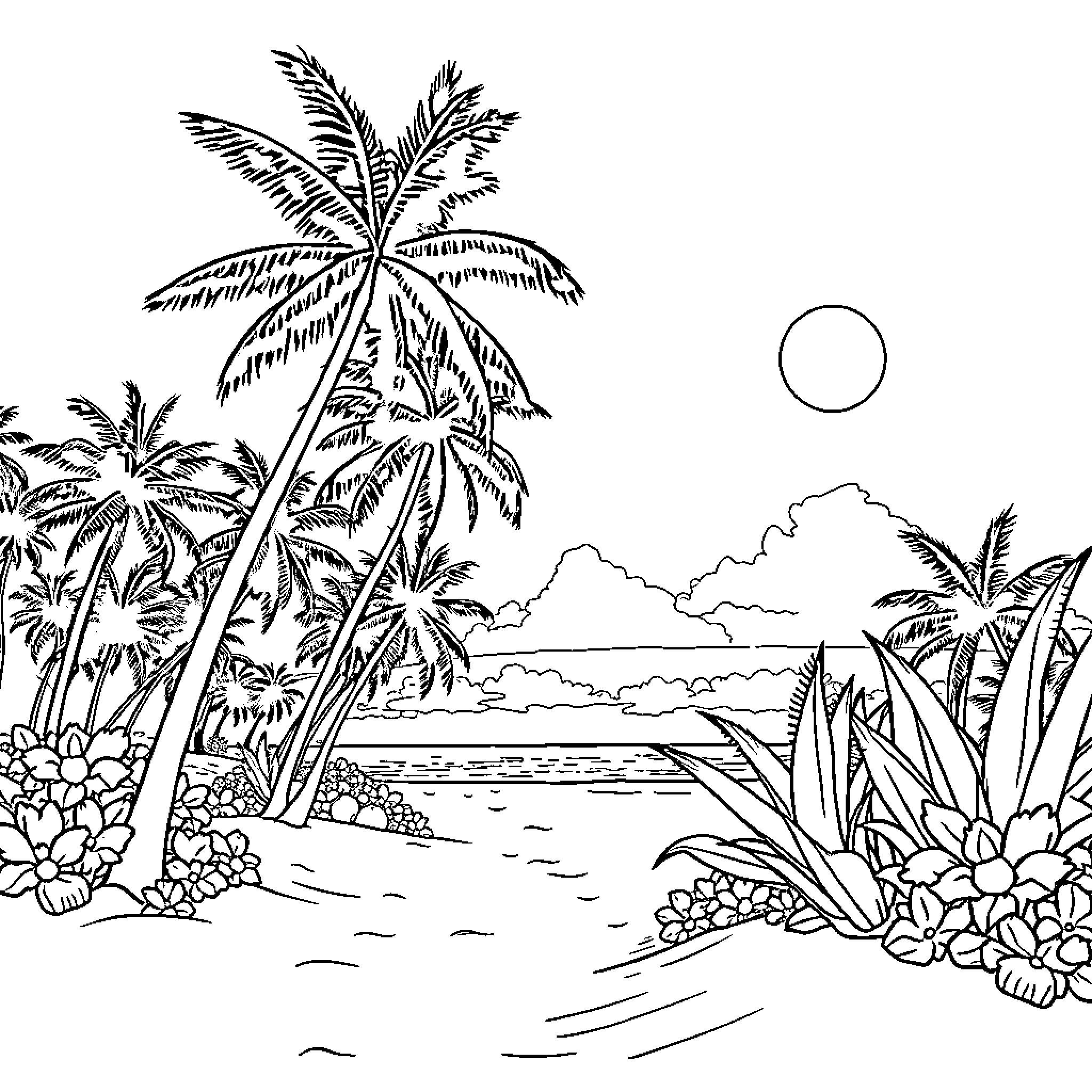 Beach with palm trees and tropical scenery Coloring Page (free black-and-white line drawing printable PDF for all, from beginners to advanced learners, including children, teens, adults, and seniors)