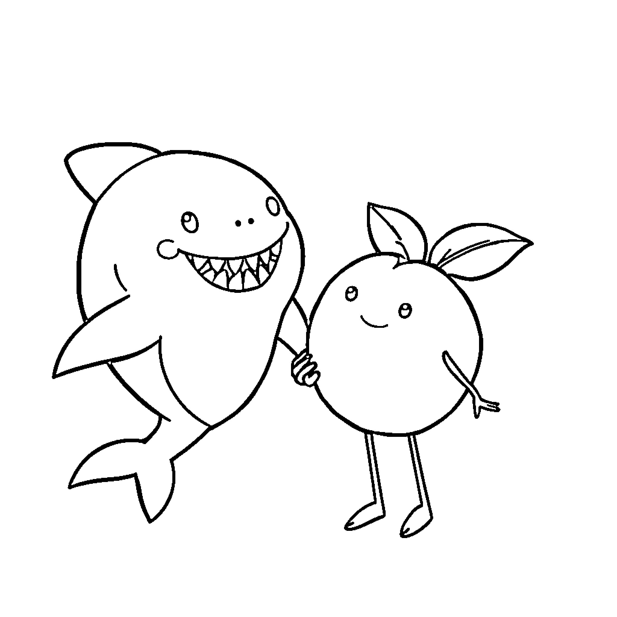 Shark and Smiling Creature Holding Hands Coloring Page (free black-and-white line drawing printable PDF for all, from beginners to advanced learners, including children, teens, adults, and seniors)