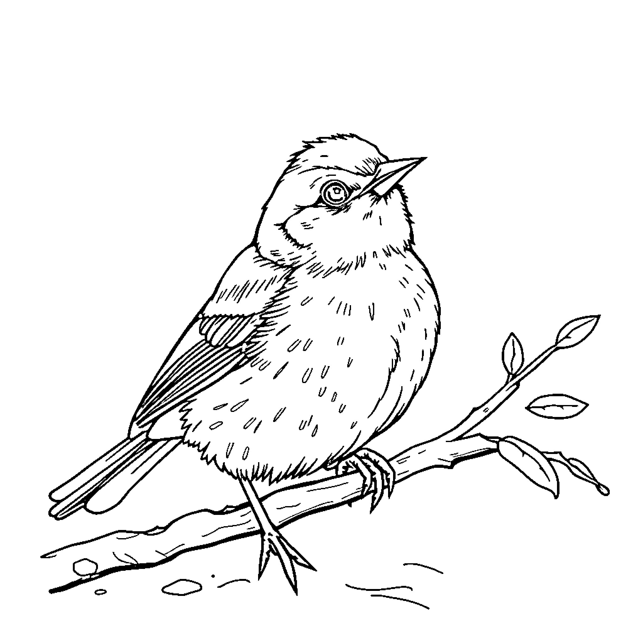 Chick perched on branch with nature Coloring Page (free black-and-white line drawing printable PDF for all, from beginners to advanced learners, including children, teens, adults, and seniors)