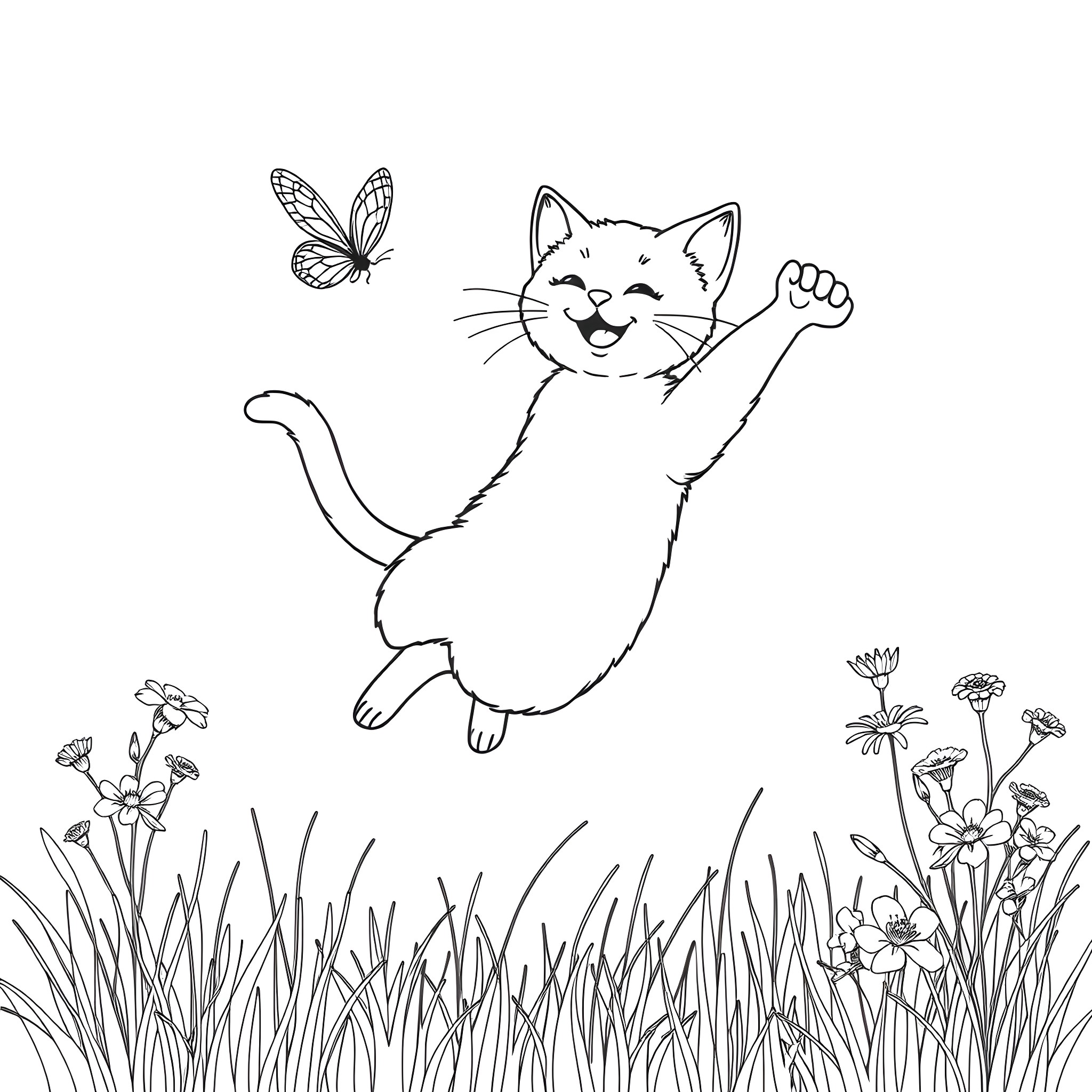 Cat chasing playful butterfly in floral meadow Coloring Page (free black-and-white line drawing printable PDF for all, from beginners to advanced learners, including children, teens, adults, and seniors)