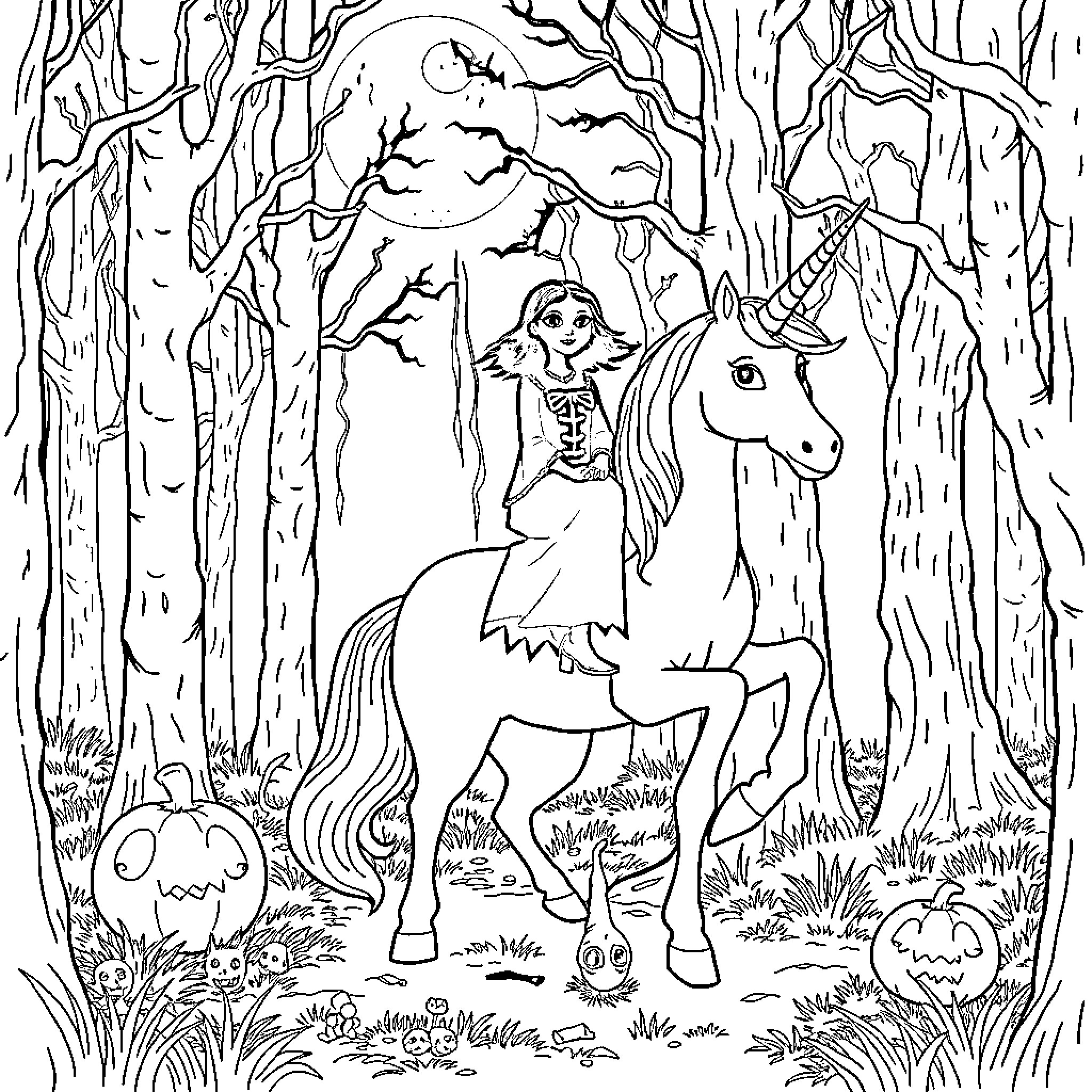 Mercredi in the Enchanted Forest with Unicorn Coloring Page (free black-and-white line drawing printable PDF for all, from beginners to advanced learners, including children, teens, adults, and seniors)