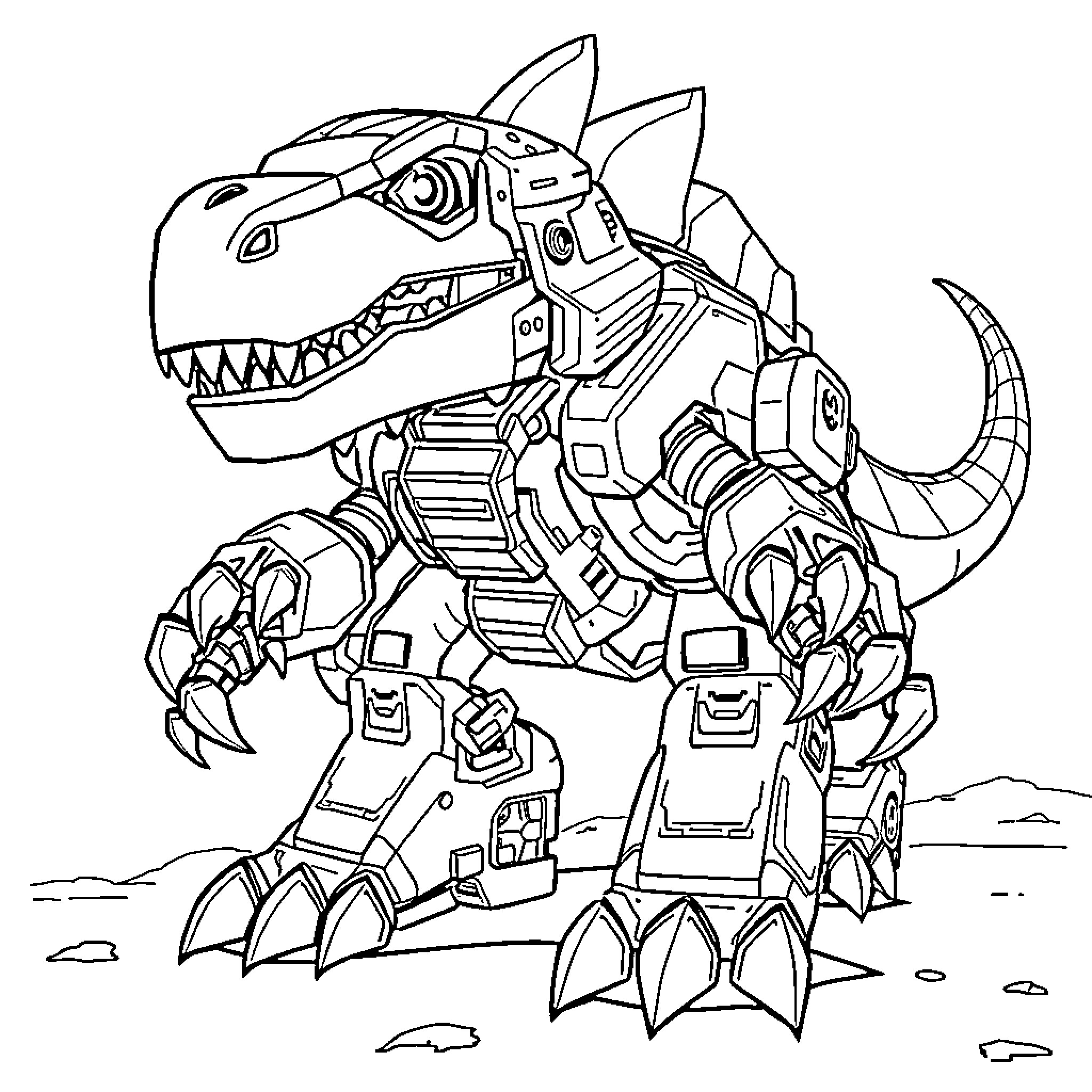 Dinotrux mechanical dinosaur in action Coloring Page (free black-and-white line drawing printable PDF for all, from beginners to advanced learners, including children, teens, adults, and seniors)