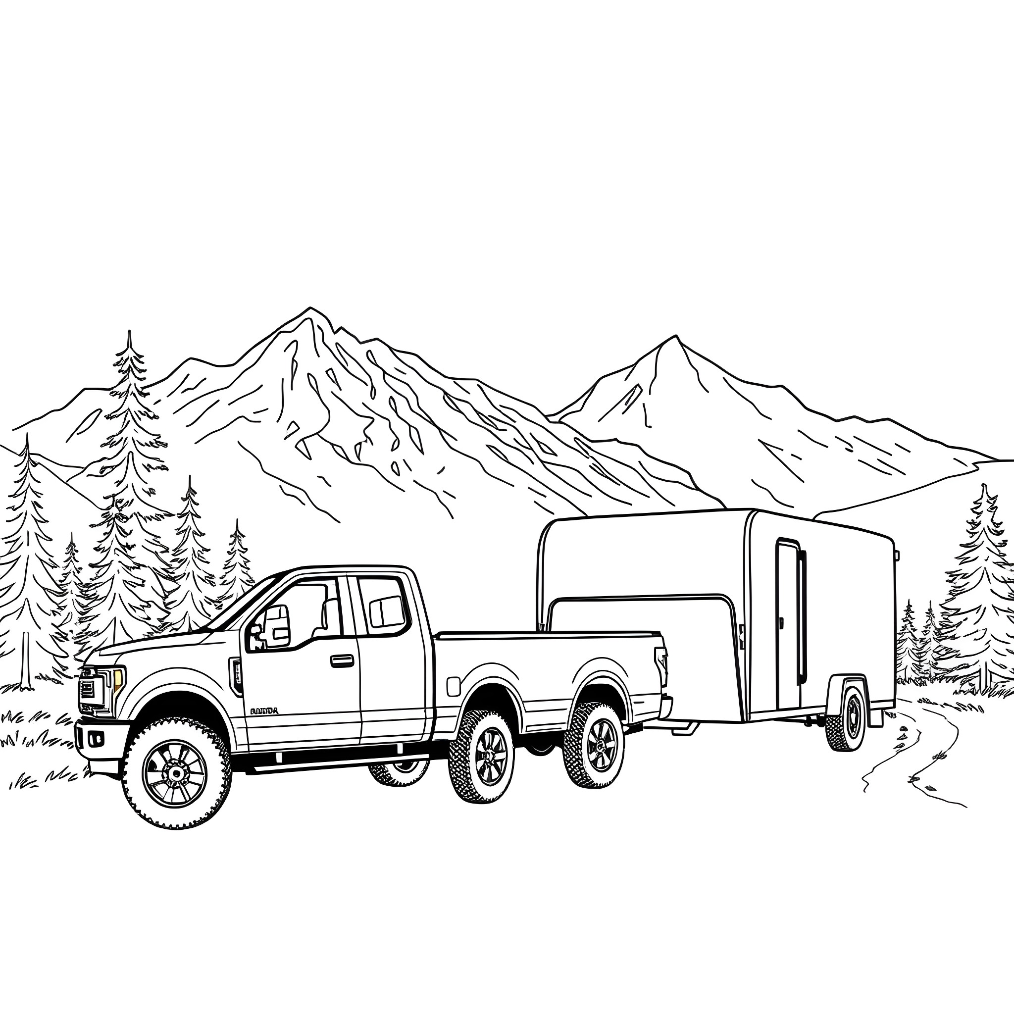 Pickup truck towing camper trailer in mountain landscape Coloring Page (free black-and-white line drawing printable PDF for all, from beginners to advanced learners, including children, teens, adults, and seniors)