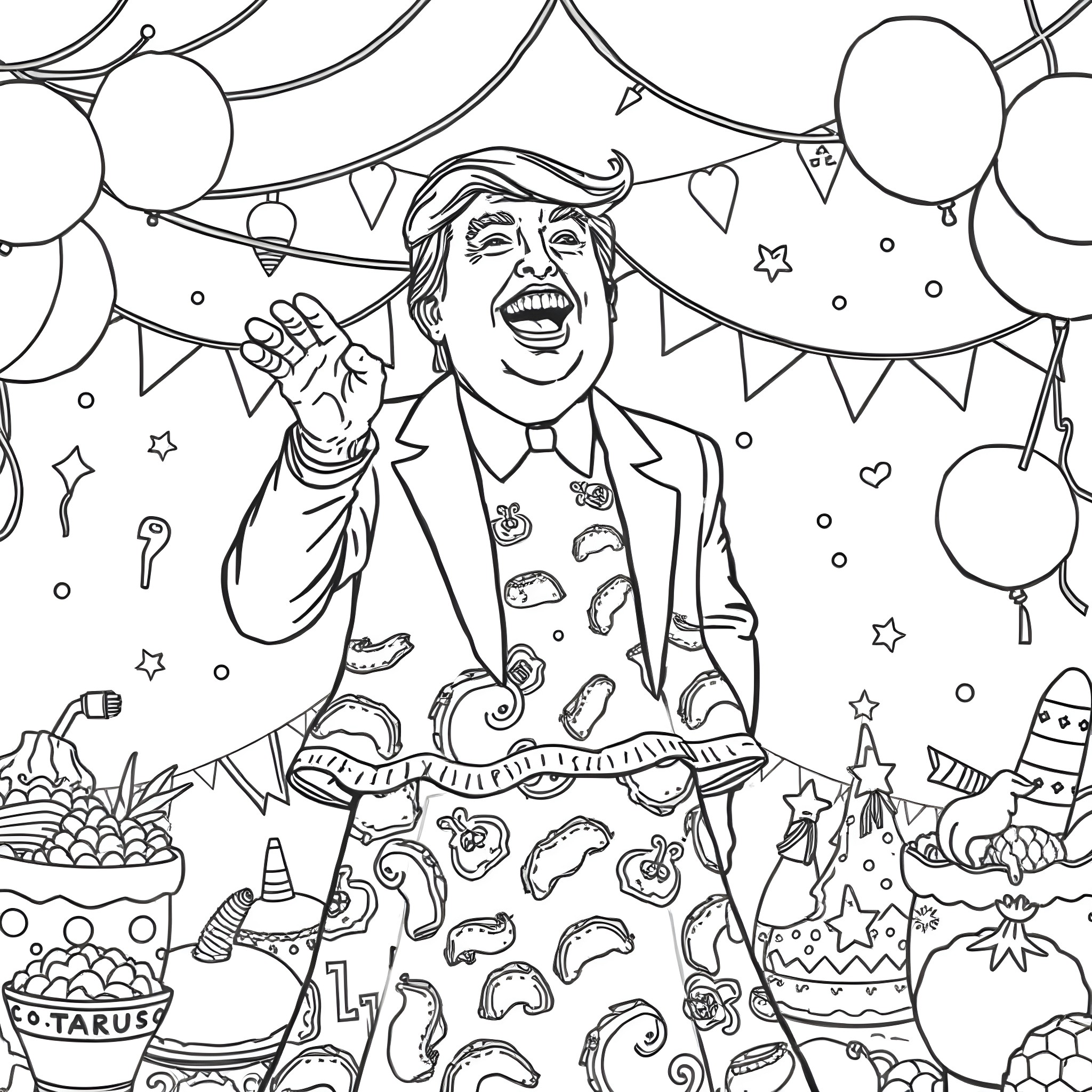 Donald Trump Celebrating at a Festive Party Coloring Page (free black-and-white line drawing printable PDF for all, from beginners to advanced learners, including children, teens, adults, and seniors)