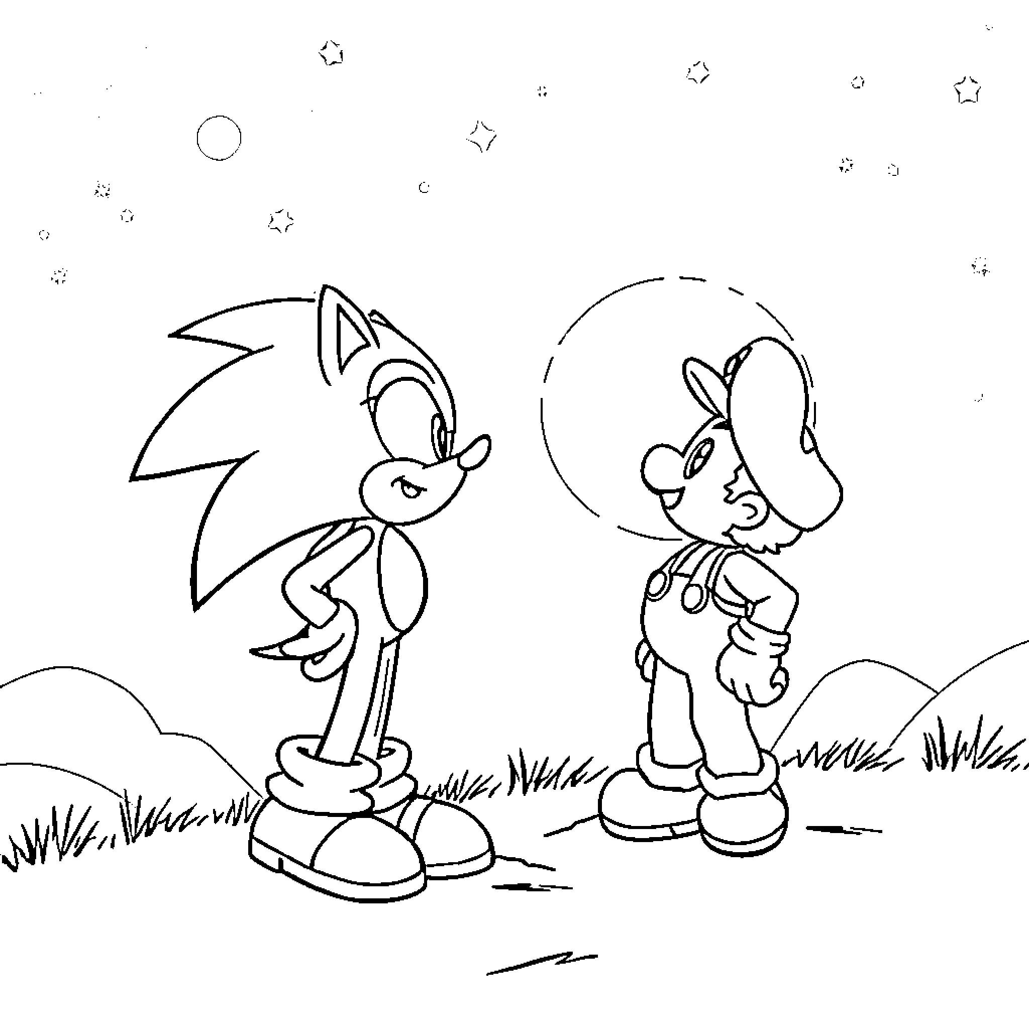 Sonic and his friend in a starry night setting Coloring Page (free black-and-white line drawing printable PDF for all, from beginners to advanced learners, including children, teens, adults, and seniors)