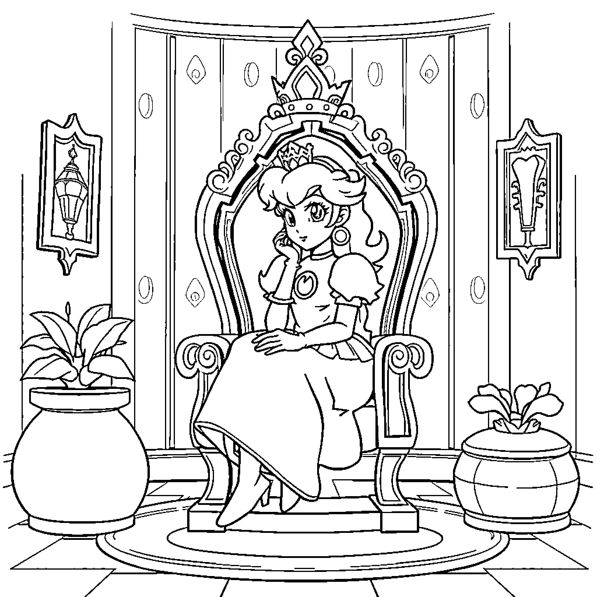 Princess on Ornate Throne in Regal Chamber Coloring Page (free black-and-white line drawing printable PDF for all, from beginners to advanced learners, including children, teens, adults, and seniors)