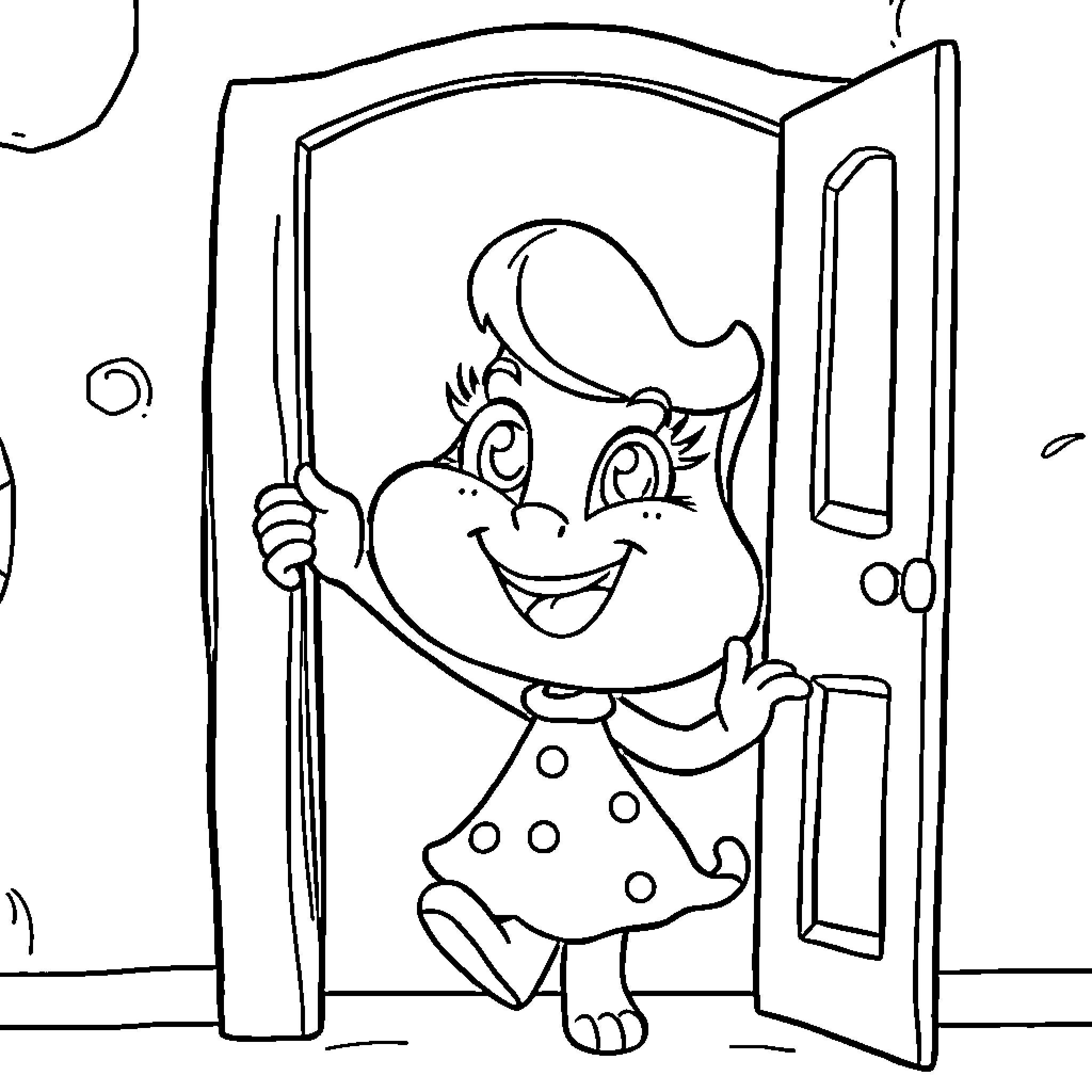 Cartoon character peeking through a doorway Coloring Page (free black-and-white line drawing printable PDF for all, from beginners to advanced learners, including children, teens, adults, and seniors)
