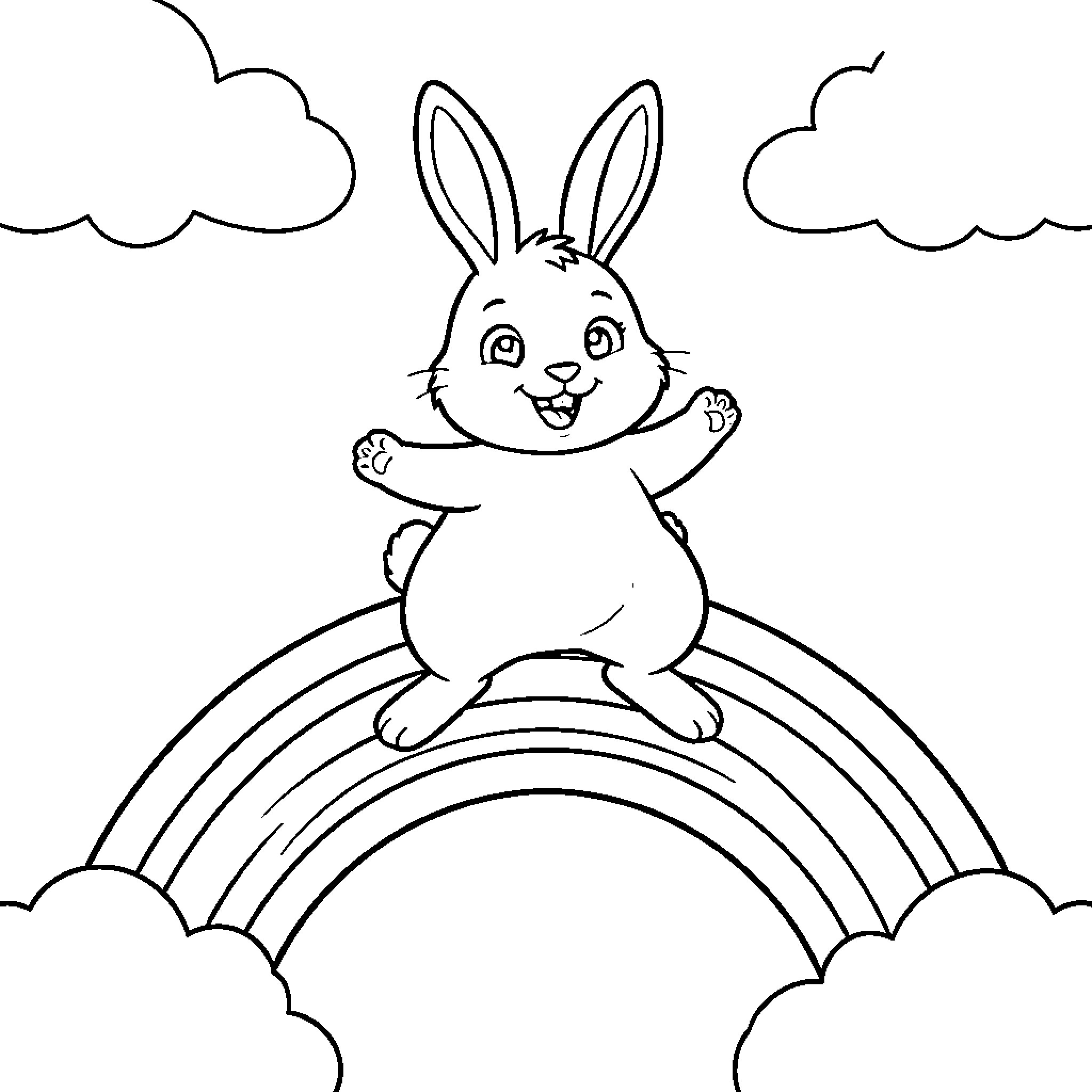 Rabbit smiling happily while sitting on a rainbow Coloring Page (free black-and-white line drawing printable PDF for all, from beginners to advanced learners, including children, teens, adults, and seniors)