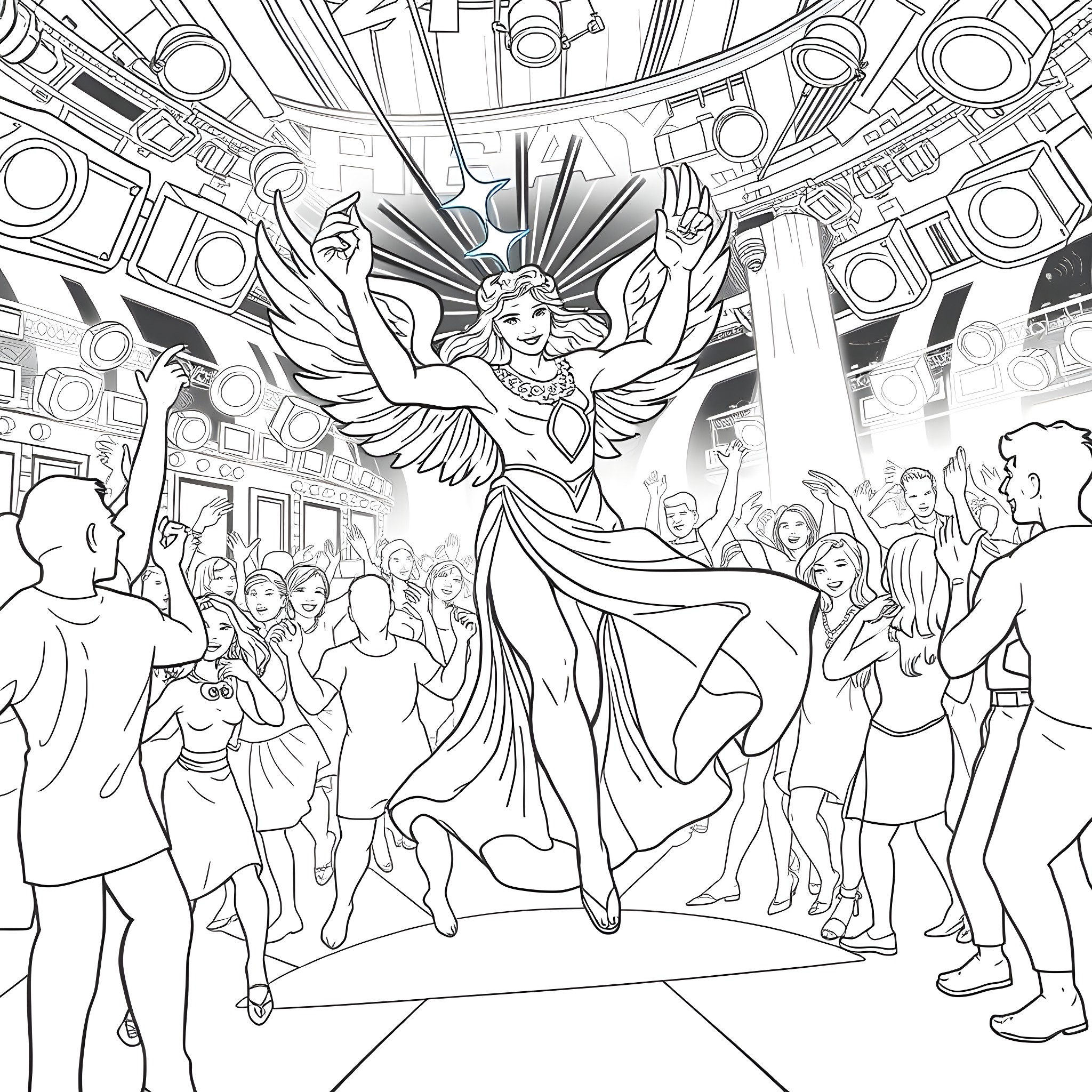 God's Celestial Dancer Gracing the Joyous Crowd Coloring Page (free black-and-white line drawing printable PDF for all, from beginners to advanced learners, including children, teens, adults, and seniors)