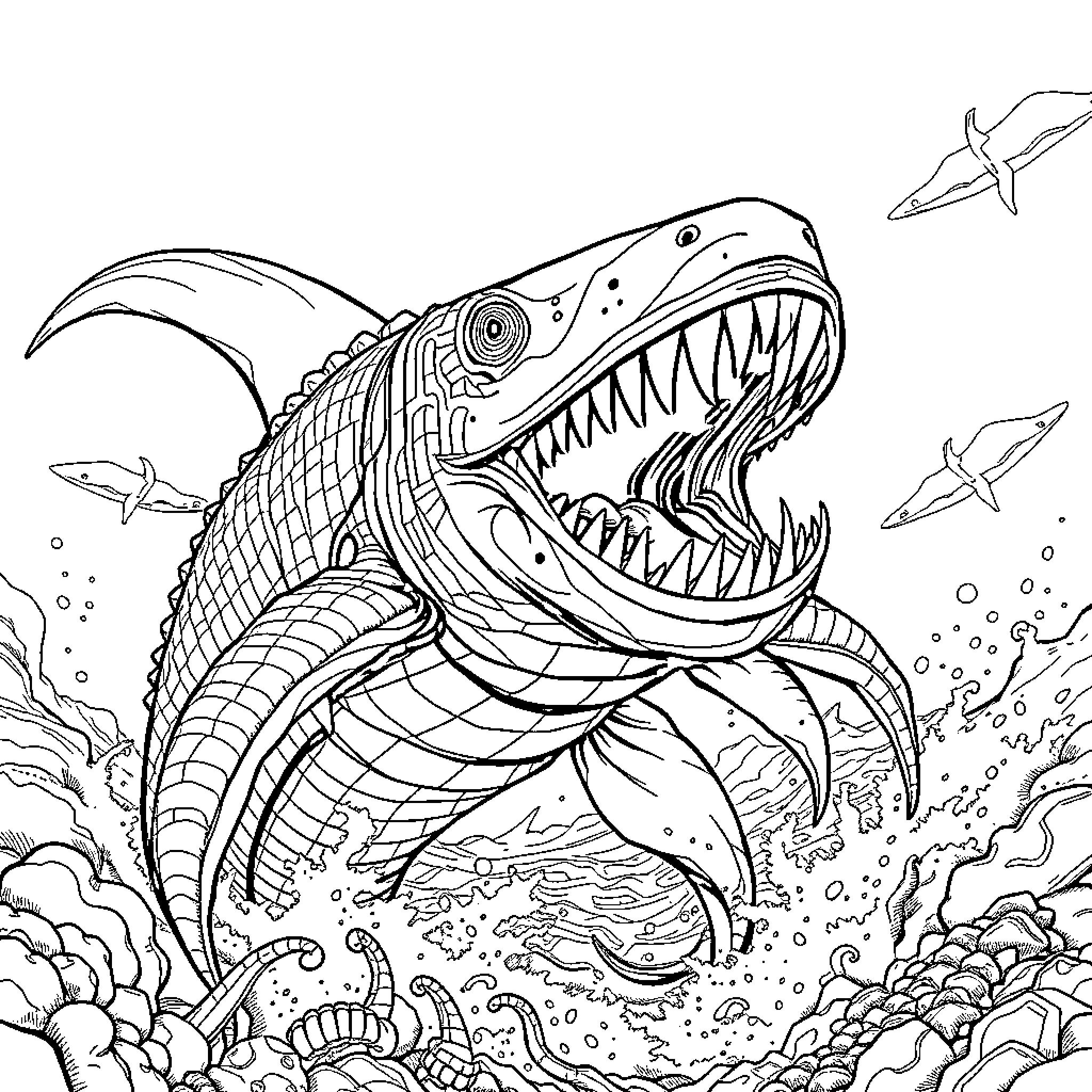Megalodon devouring prey in the deep ocean Coloring Page (free black-and-white line drawing printable PDF for all, from beginners to advanced learners, including children, teens, adults, and seniors)