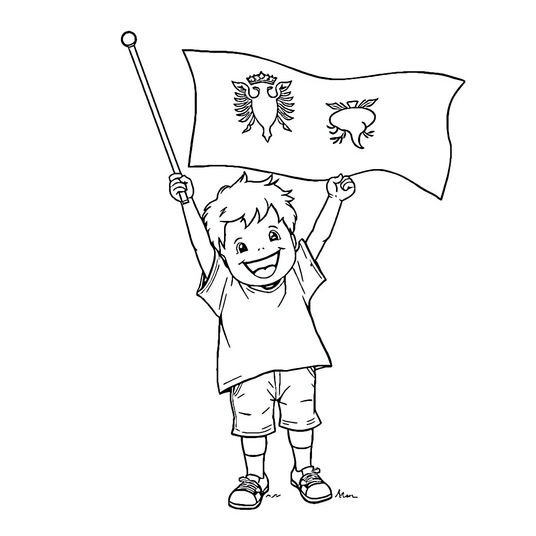 Kid joyfully waving national flag Coloring Page (free black-and-white line drawing printable PDF for all, from beginners to advanced learners, including children, teens, adults, and seniors)