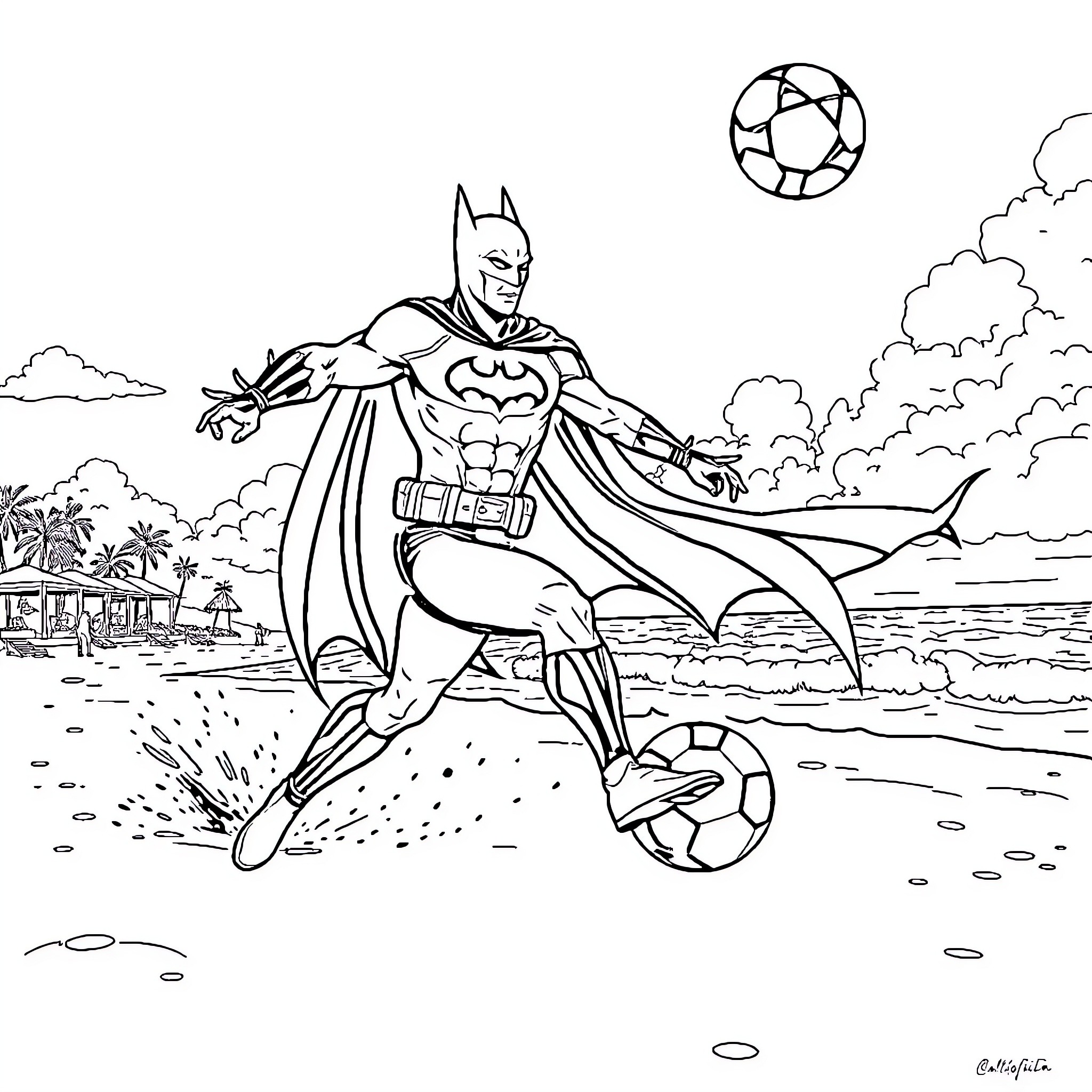 Batman Playing Soccer on the Beach Coloring Page (free black-and-white line drawing printable PDF for all, from beginners to advanced learners, including children, teens, adults, and seniors)