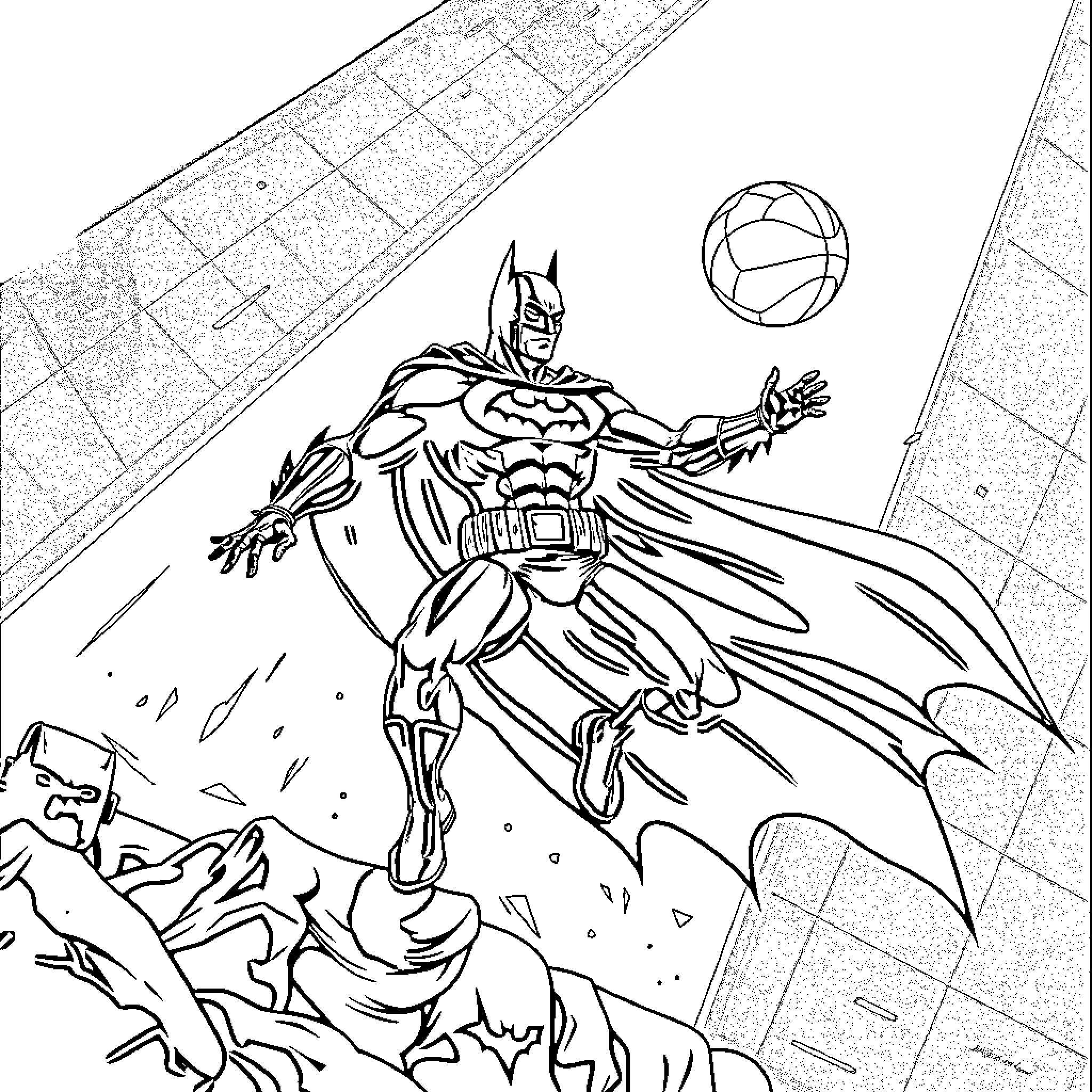 Batman takes action against villains in the dark city Coloring Page (free black-and-white line drawing printable PDF for all, from beginners to advanced learners, including children, teens, adults, and seniors)