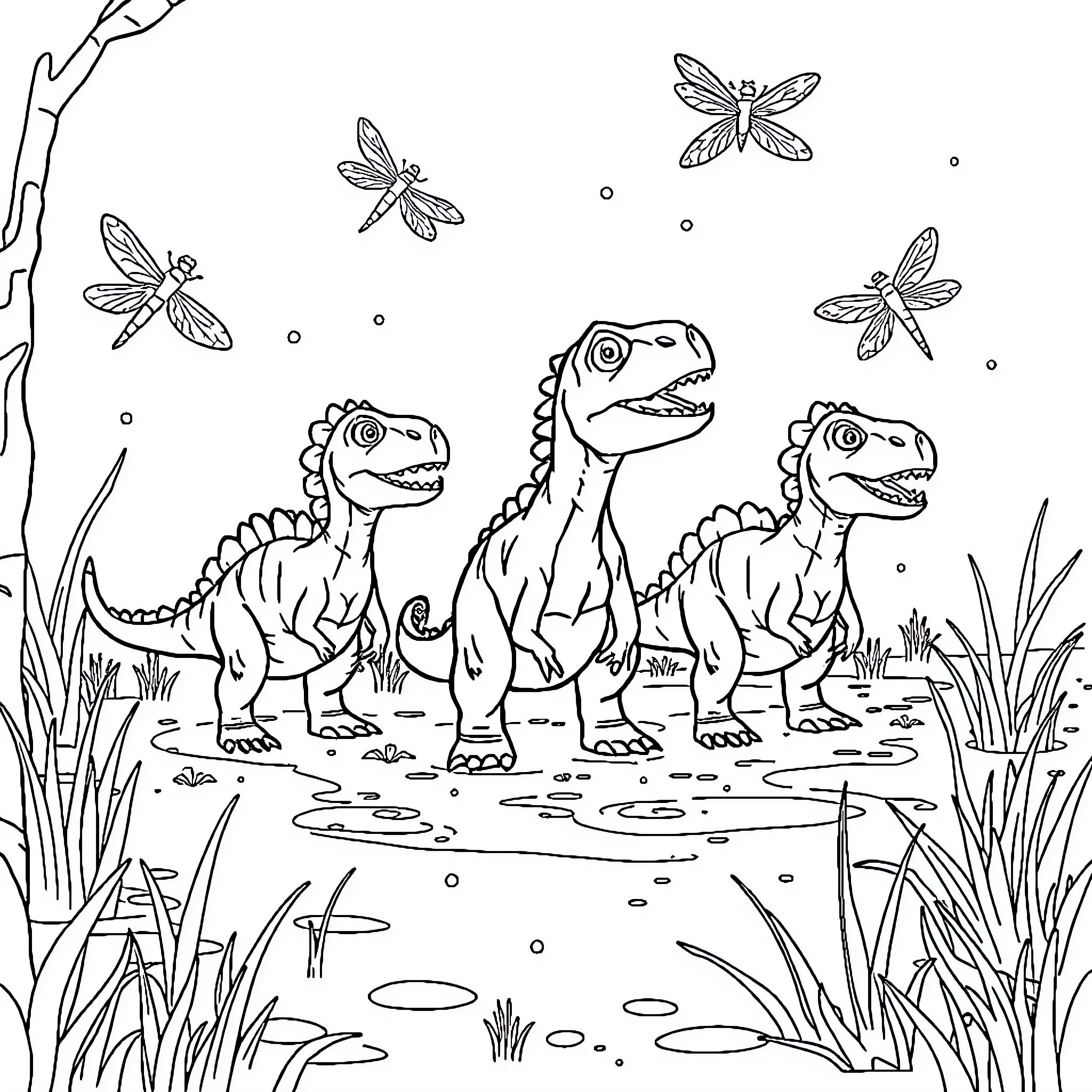 Dinosaurs exploring a nature scene with dragonflies Coloring Page (free black-and-white line drawing printable PDF for all, from beginners to advanced learners, including children, teens, adults, and seniors)