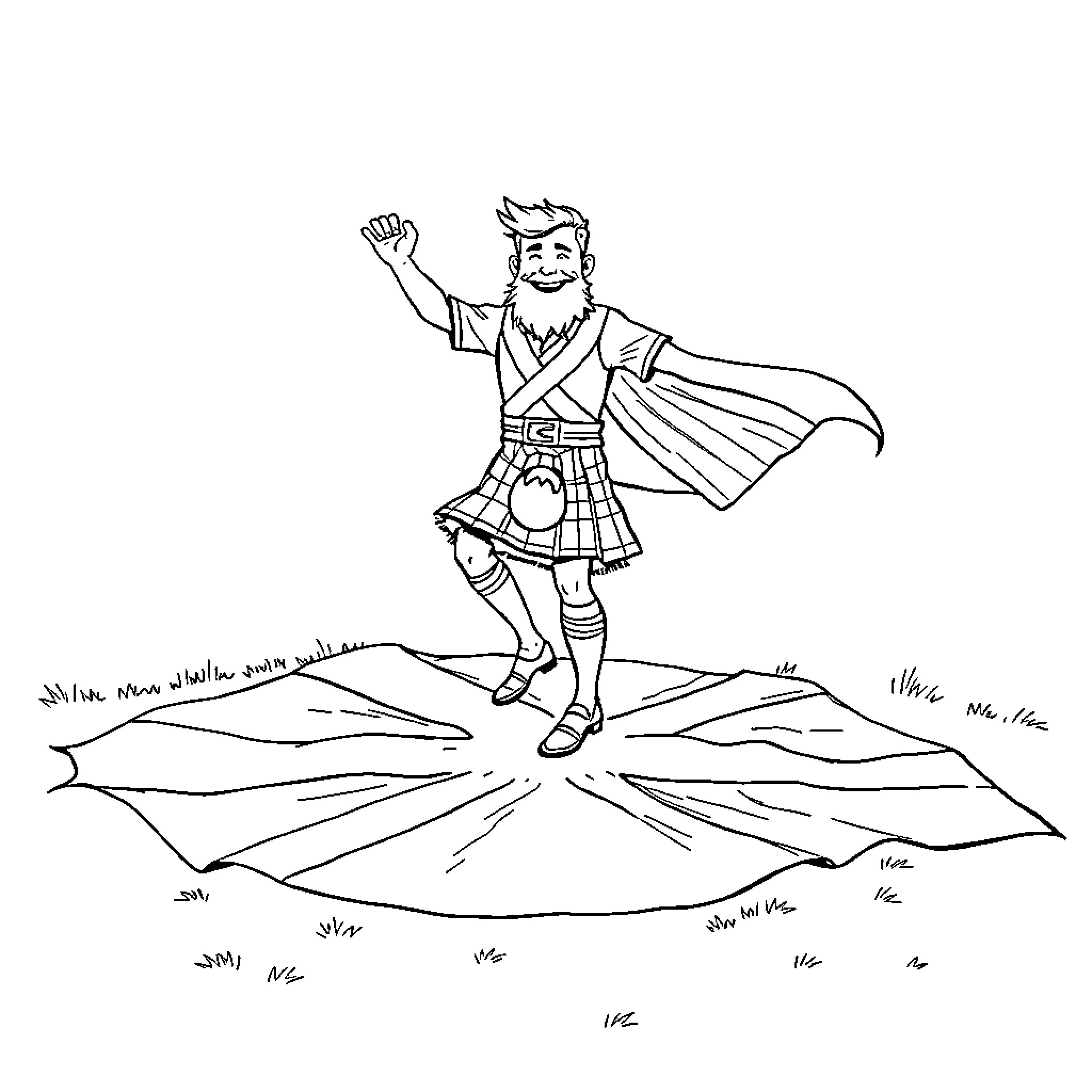 Scotsman leaping triumphantly on a tartan banner Coloring Page (free black-and-white line drawing printable PDF for all, from beginners to advanced learners, including children, teens, adults, and seniors)