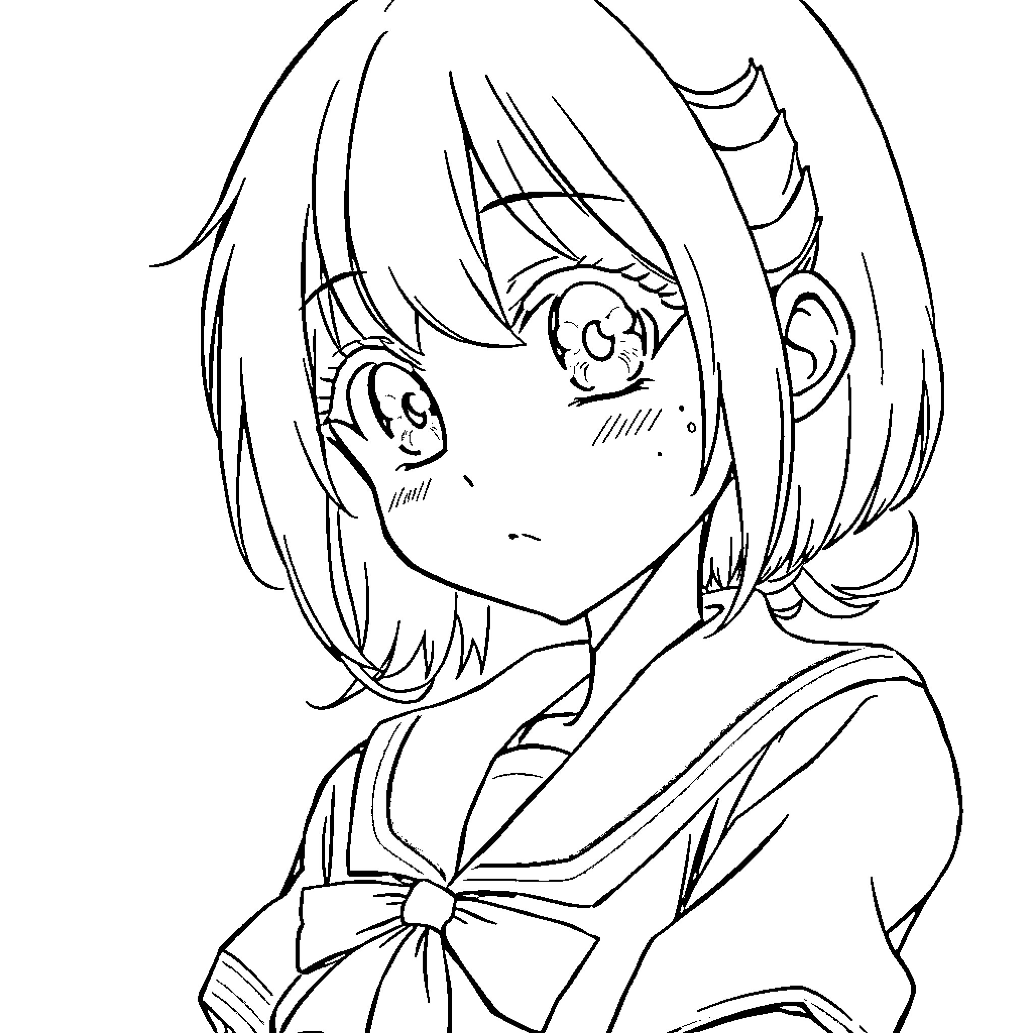 Manga Girl with Sad Facial Expression Coloring Page (free black-and-white line drawing printable PDF for all, from beginners to advanced learners, including children, teens, adults, and seniors)