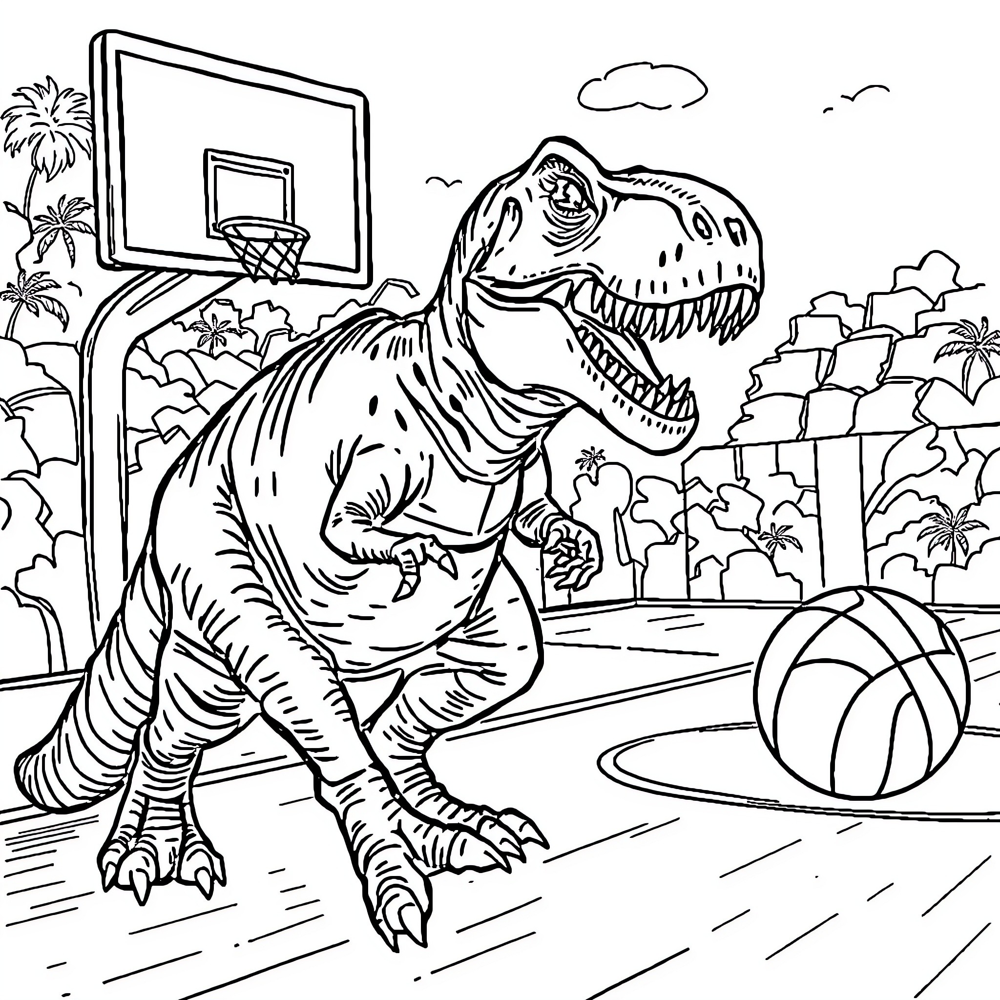 T-Rex playing basketball in the park Coloring Page (free black-and-white line drawing printable PDF for all, from beginners to advanced learners, including children, teens, adults, and seniors)