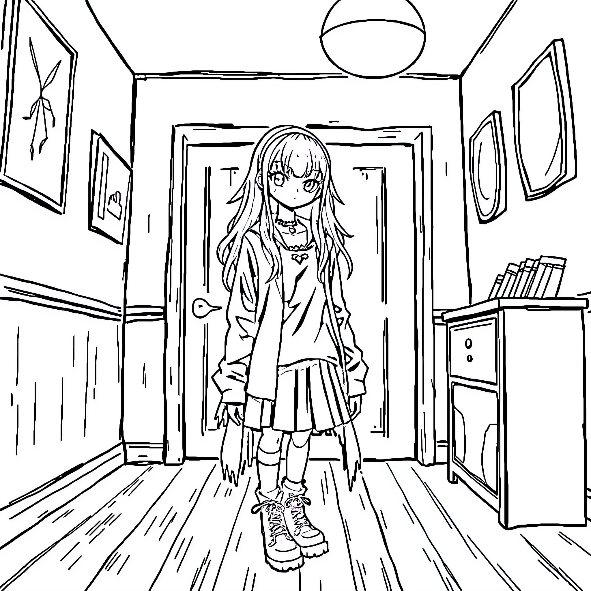 Goth Girl in a Moody Interior Scene Coloring Page (free black-and-white line drawing printable PDF for all, from beginners to advanced learners, including children, teens, adults, and seniors)