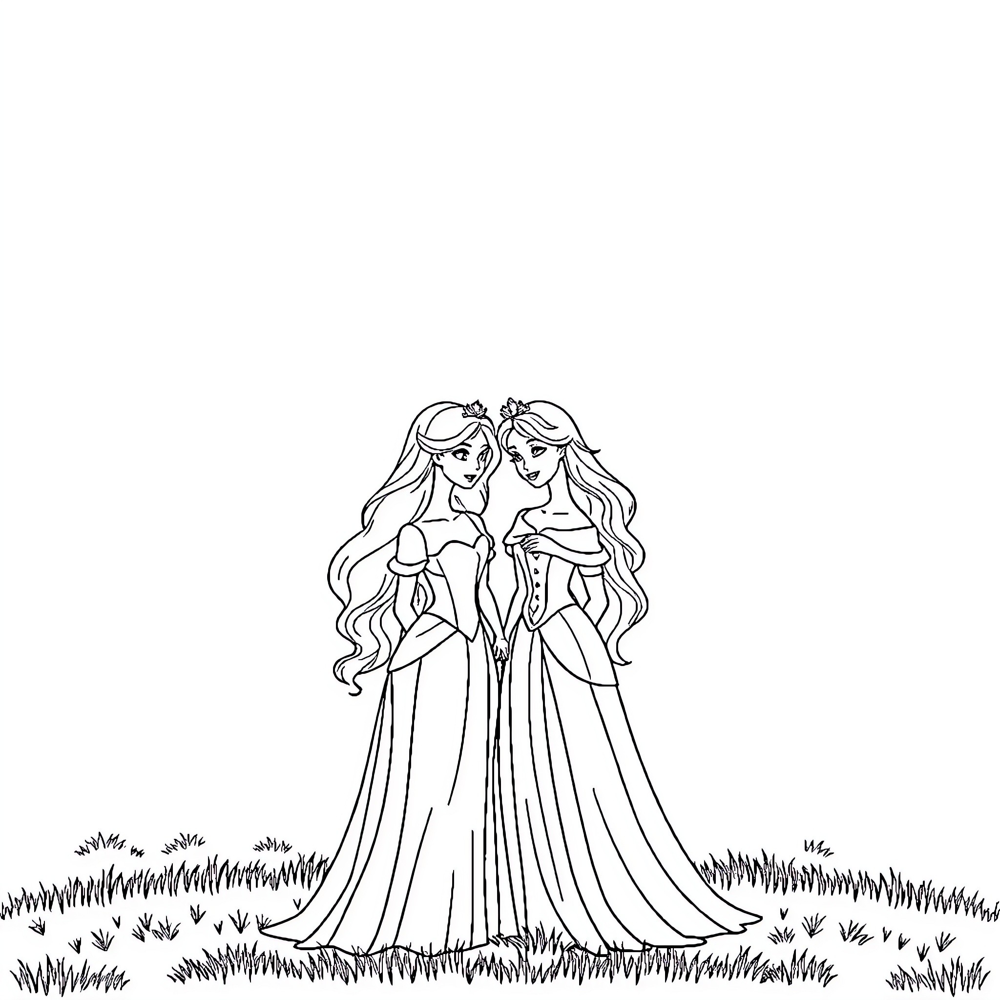 Princesses in Elegant Gowns Amid Nature Coloring Page (free black-and-white line drawing printable PDF for all, from beginners to advanced learners, including children, teens, adults, and seniors)