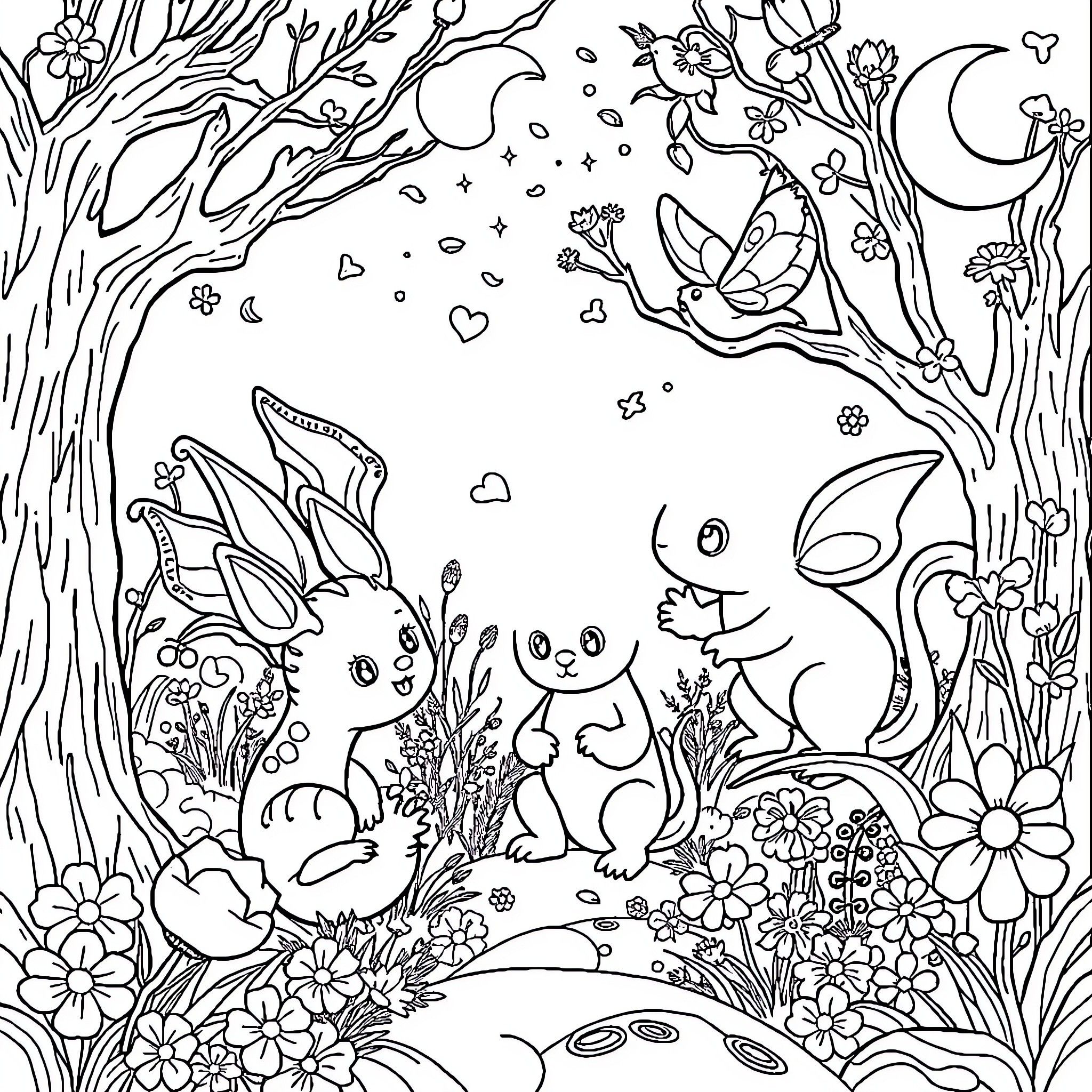 Creature playing in the enchanted forest Coloring Page (free black-and-white line drawing printable PDF for all, from beginners to advanced learners, including children, teens, adults, and seniors)