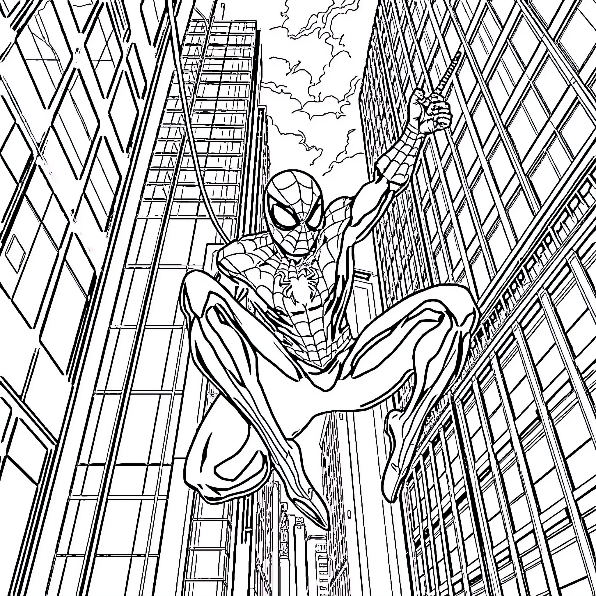 Spiderman swinging through the city skyline Coloring Page (free black-and-white line drawing printable PDF for all, from beginners to advanced learners, including children, teens, adults, and seniors)