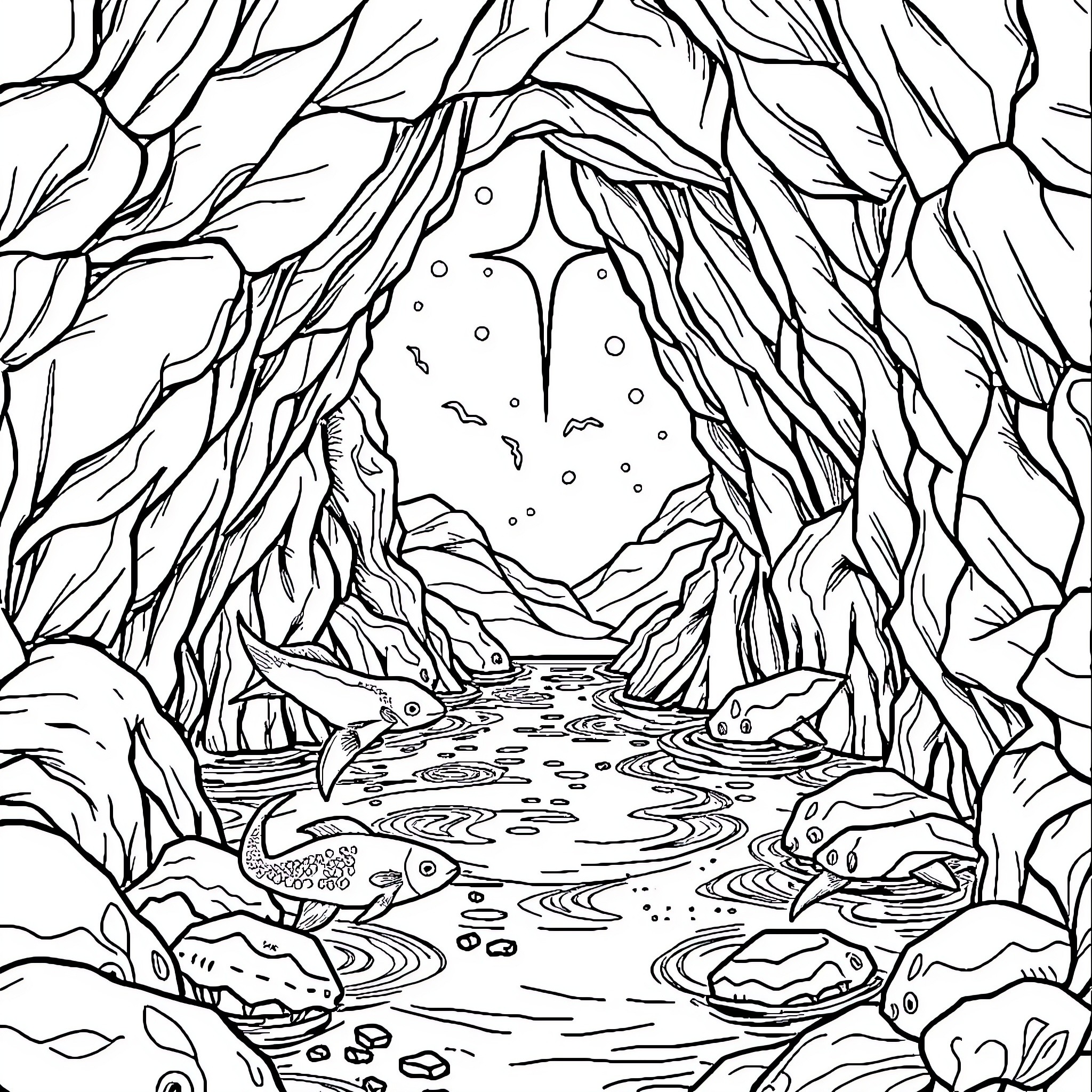 Noah's Ark: Serene Underwater Cavern with Marine Life Coloring Page (free black-and-white line drawing printable PDF for all, from beginners to advanced learners, including children, teens, adults, and seniors)