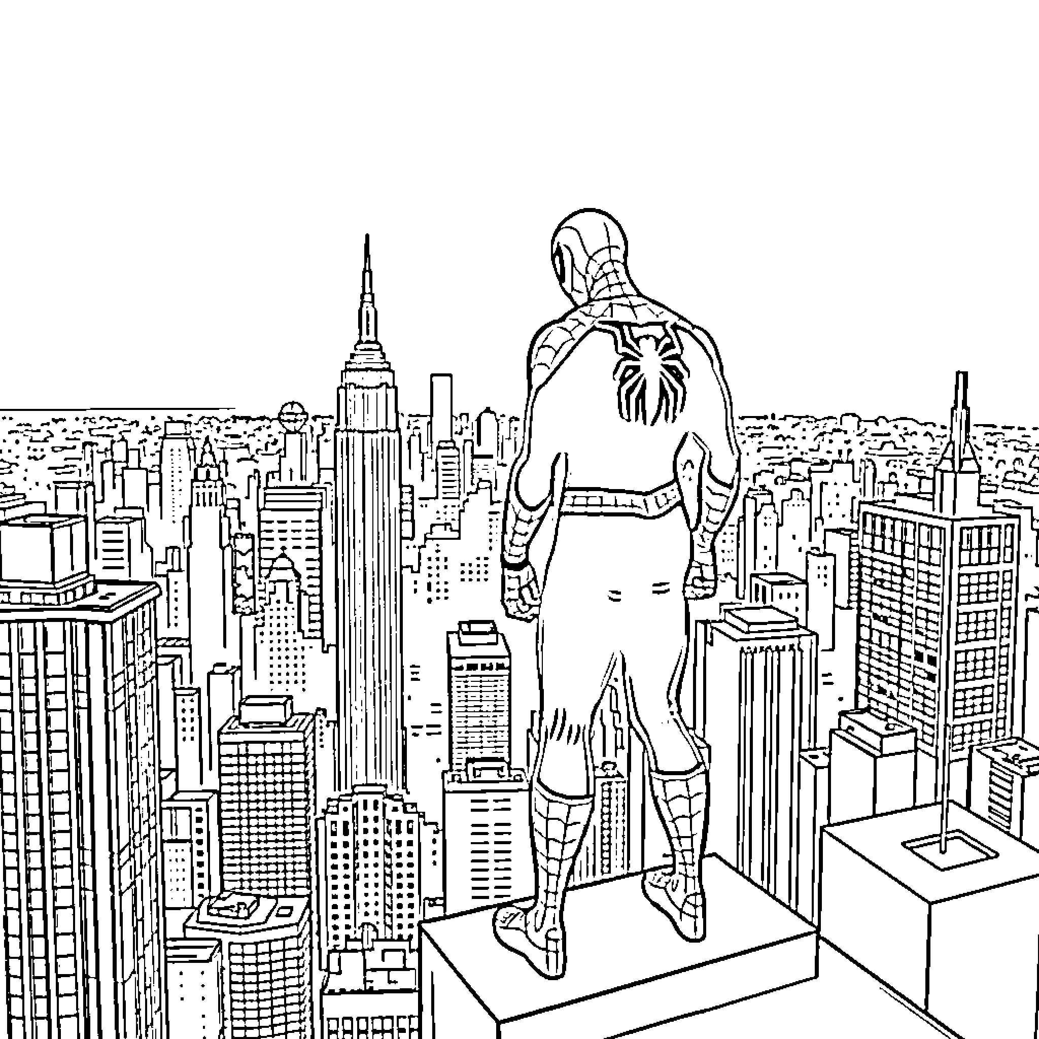 Spider-Man overlooking the city skyline Coloring Page (free black-and-white line drawing printable PDF for all, from beginners to advanced learners, including children, teens, adults, and seniors)