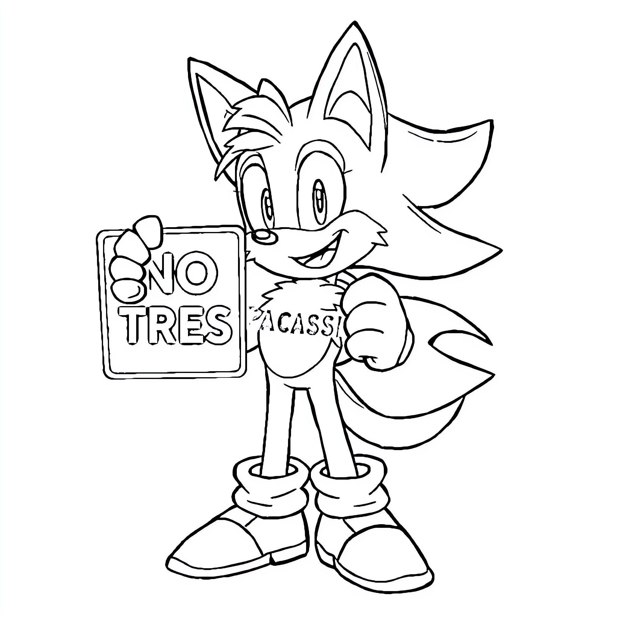 Tails shows a no tres sign Coloring Page (free black-and-white line drawing printable PDF for all, from beginners to advanced learners, including children, teens, adults, and seniors)