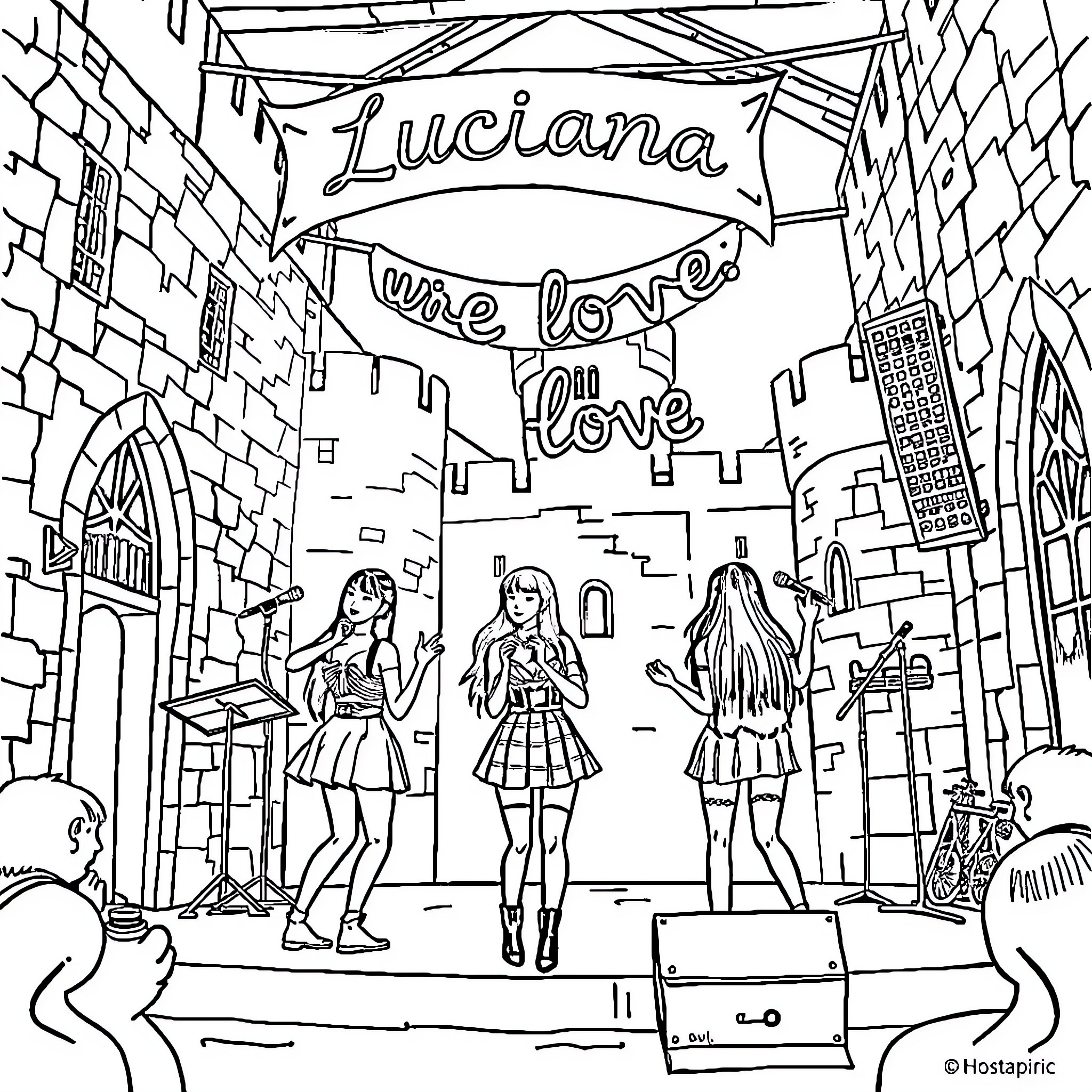 Blackpink posing stylishly in a lively urban setting Coloring Page (free black-and-white line drawing printable PDF for all, from beginners to advanced learners, including children, teens, adults, and seniors)