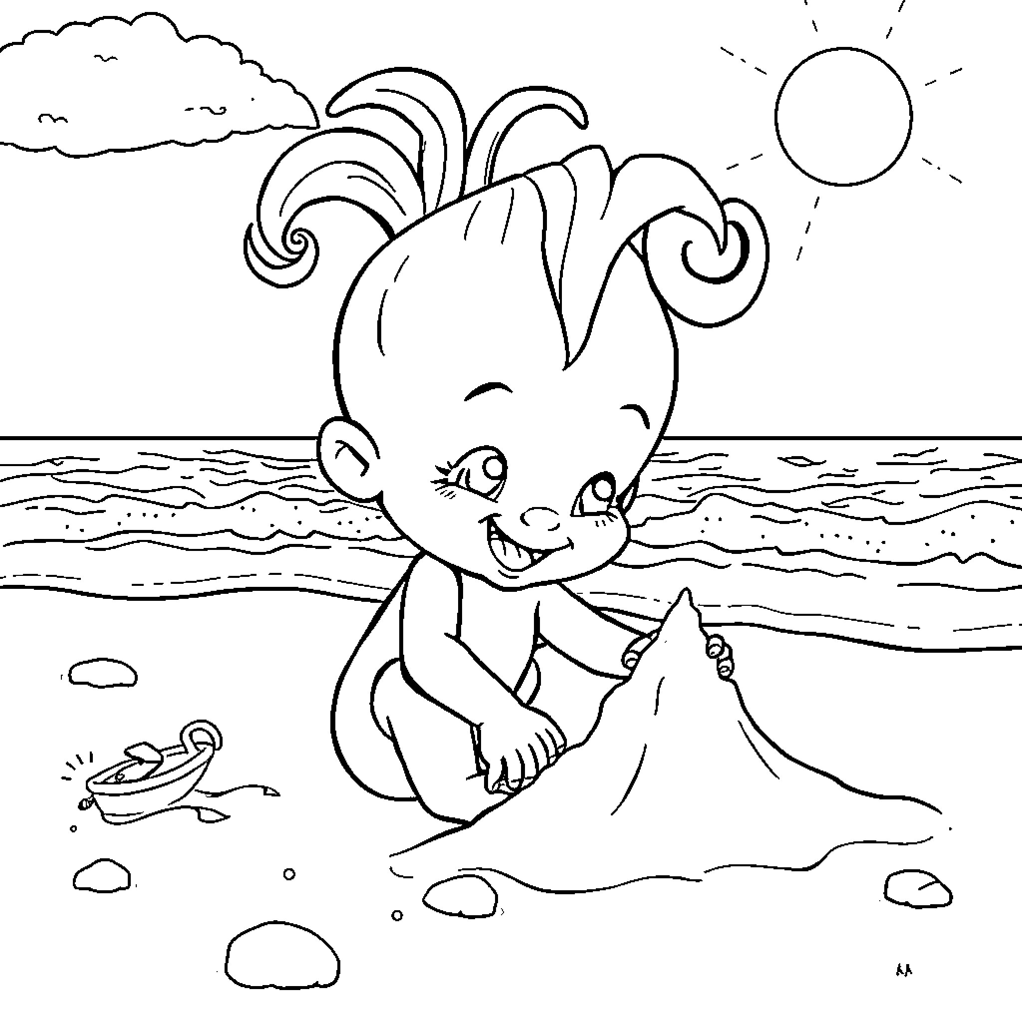 Sprunki playing happily in the sun-lit beach Coloring Page (free black-and-white line drawing printable PDF for all, from beginners to advanced learners, including children, teens, adults, and seniors)