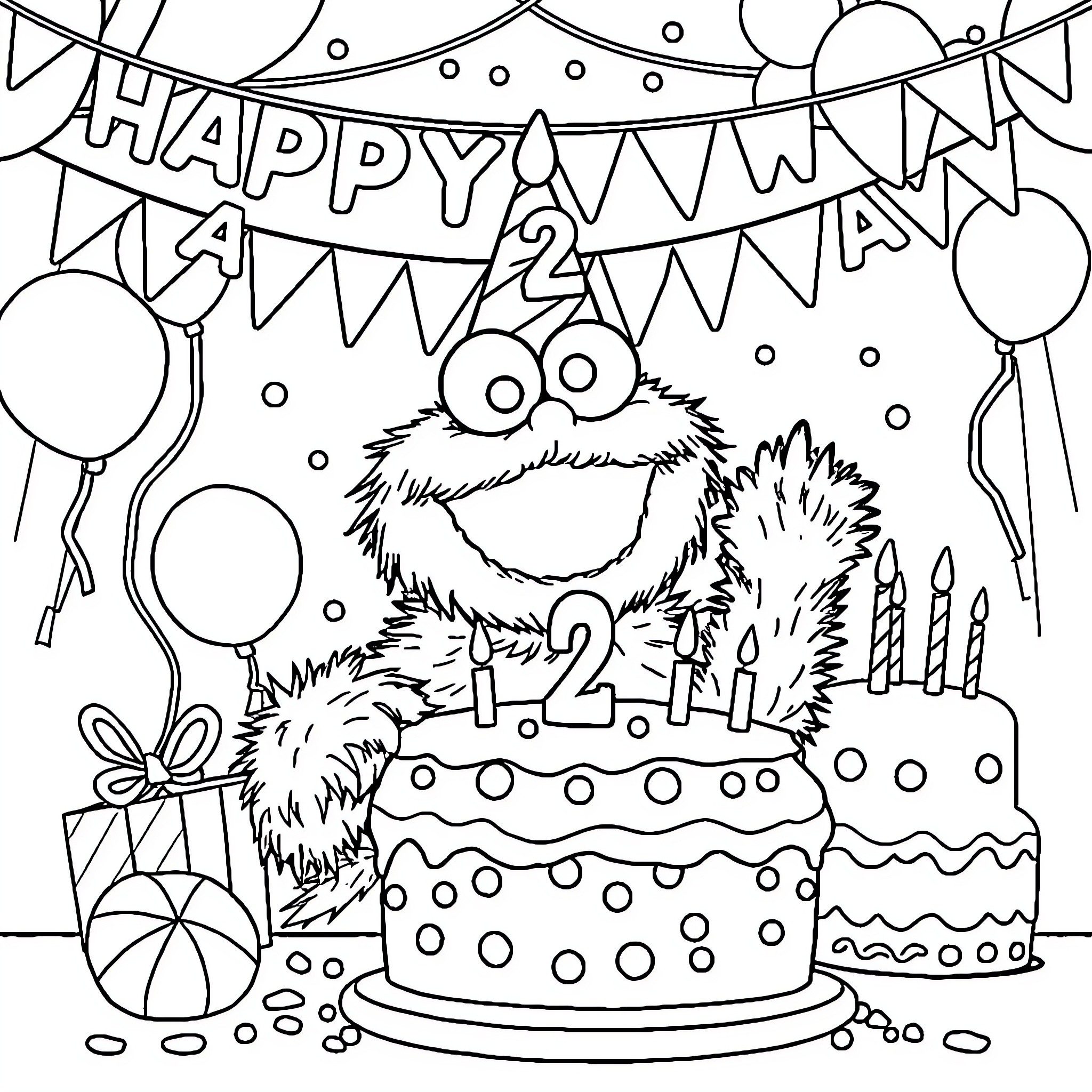 Cookie Monster celebrates 2nd birthday party with cake and balloons Coloring Page (free black-and-white line drawing printable PDF for all, from beginners to advanced learners, including children, teens, adults, and seniors)