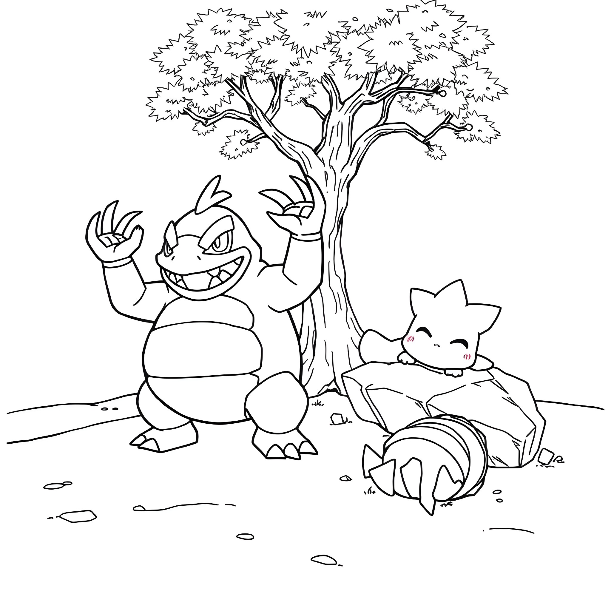Pokémon characters in playful outdoor scene Coloring Page (free black-and-white line drawing printable PDF for all, from beginners to advanced learners, including children, teens, adults, and seniors)