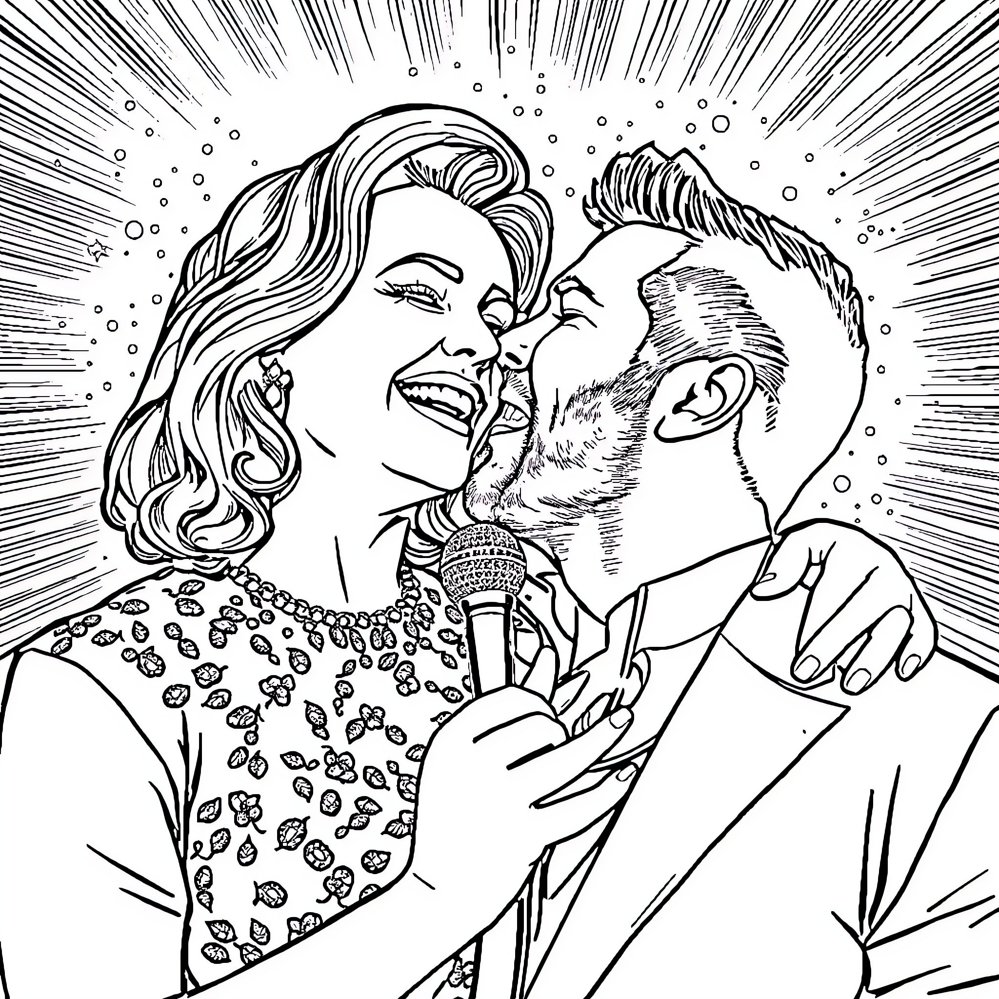 Adele performing with her partner on stage Coloring Page (free black-and-white line drawing printable PDF for all, from beginners to advanced learners, including children, teens, adults, and seniors)