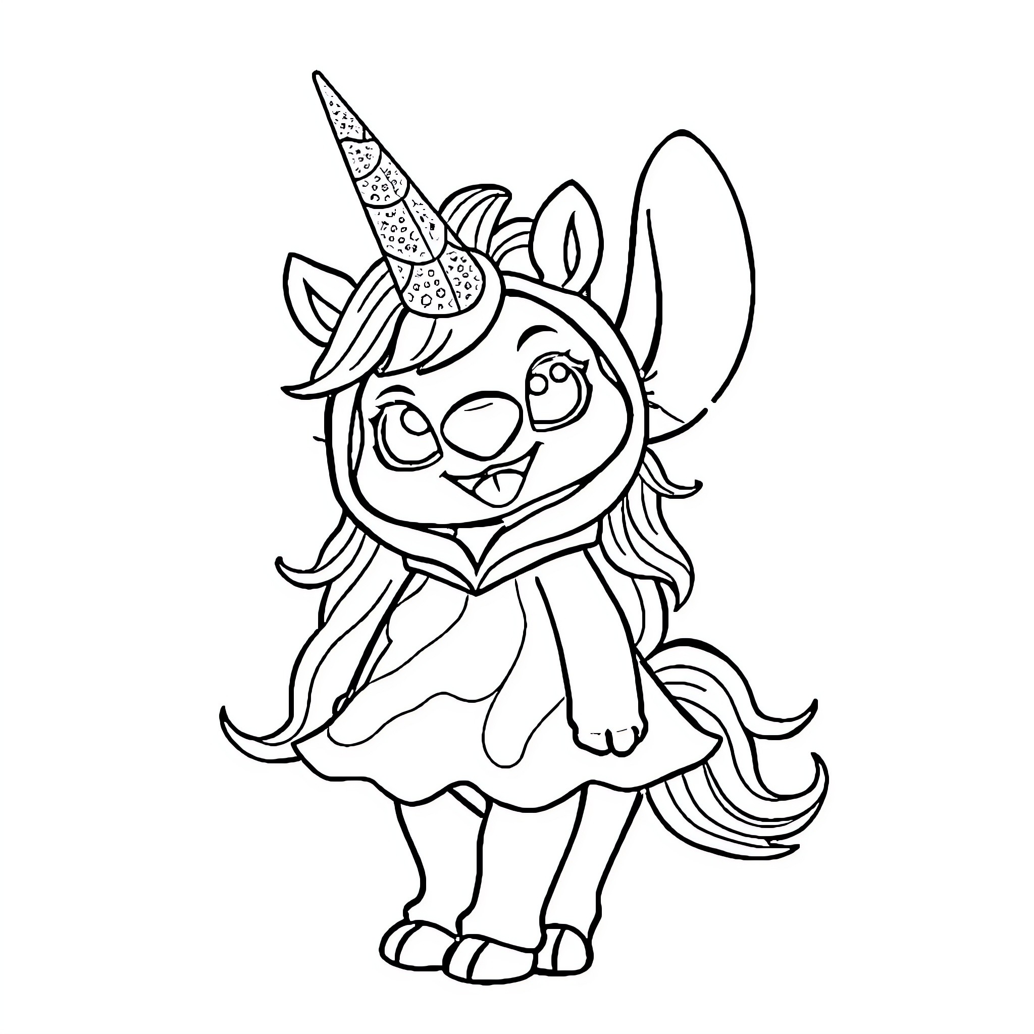 Stitches the Whimsical Unicorn Coloring Page (free black-and-white line drawing printable PDF for all, from beginners to advanced learners, including children, teens, adults, and seniors)