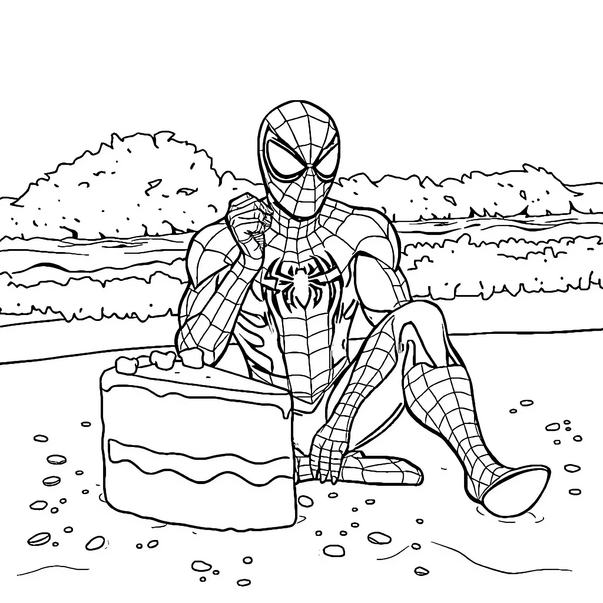 Spider-Man swinging through the city on a summer day Coloring Page (free black-and-white line drawing printable PDF for all, from beginners to advanced learners, including children, teens, adults, and seniors)