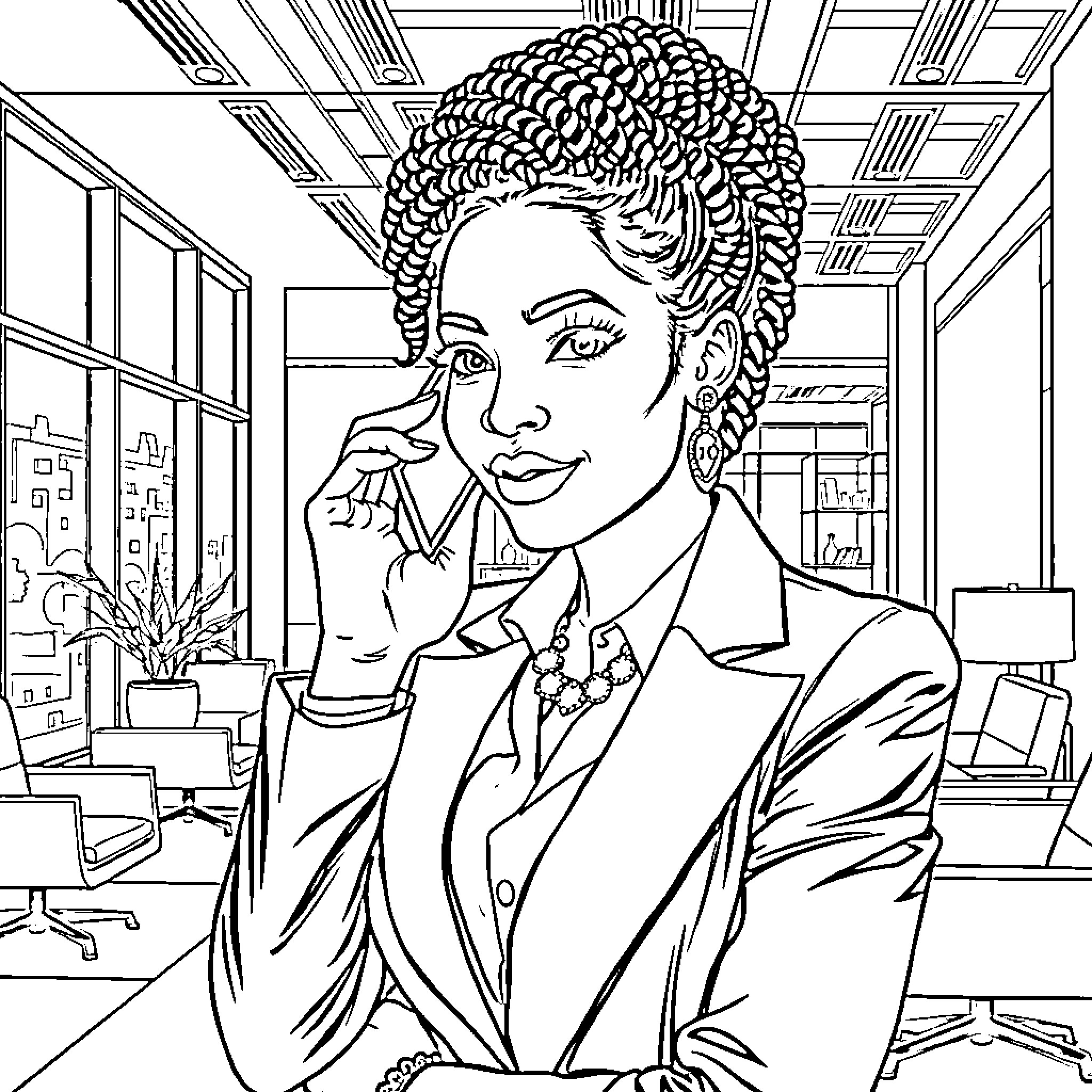 Businesswoman contemplating in modern office setting Coloring Page (free black-and-white line drawing printable PDF for all, from beginners to advanced learners, including children, teens, adults, and seniors)