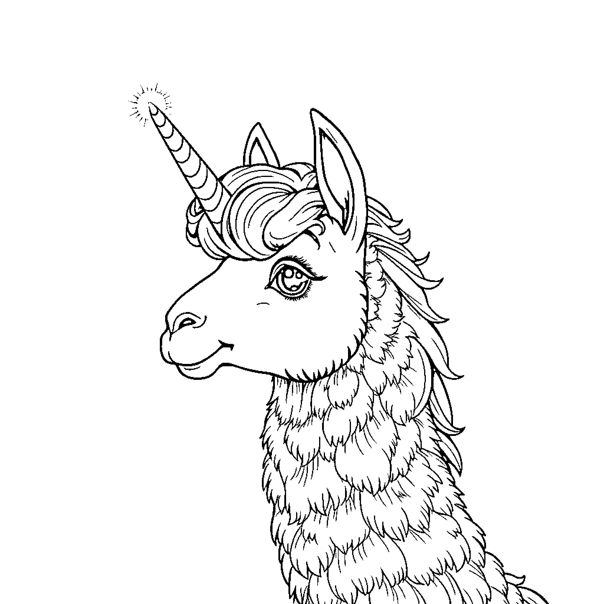 Unicorn llama with a magical horn Coloring Page (free black-and-white line drawing printable PDF for all, from beginners to advanced learners, including children, teens, adults, and seniors)