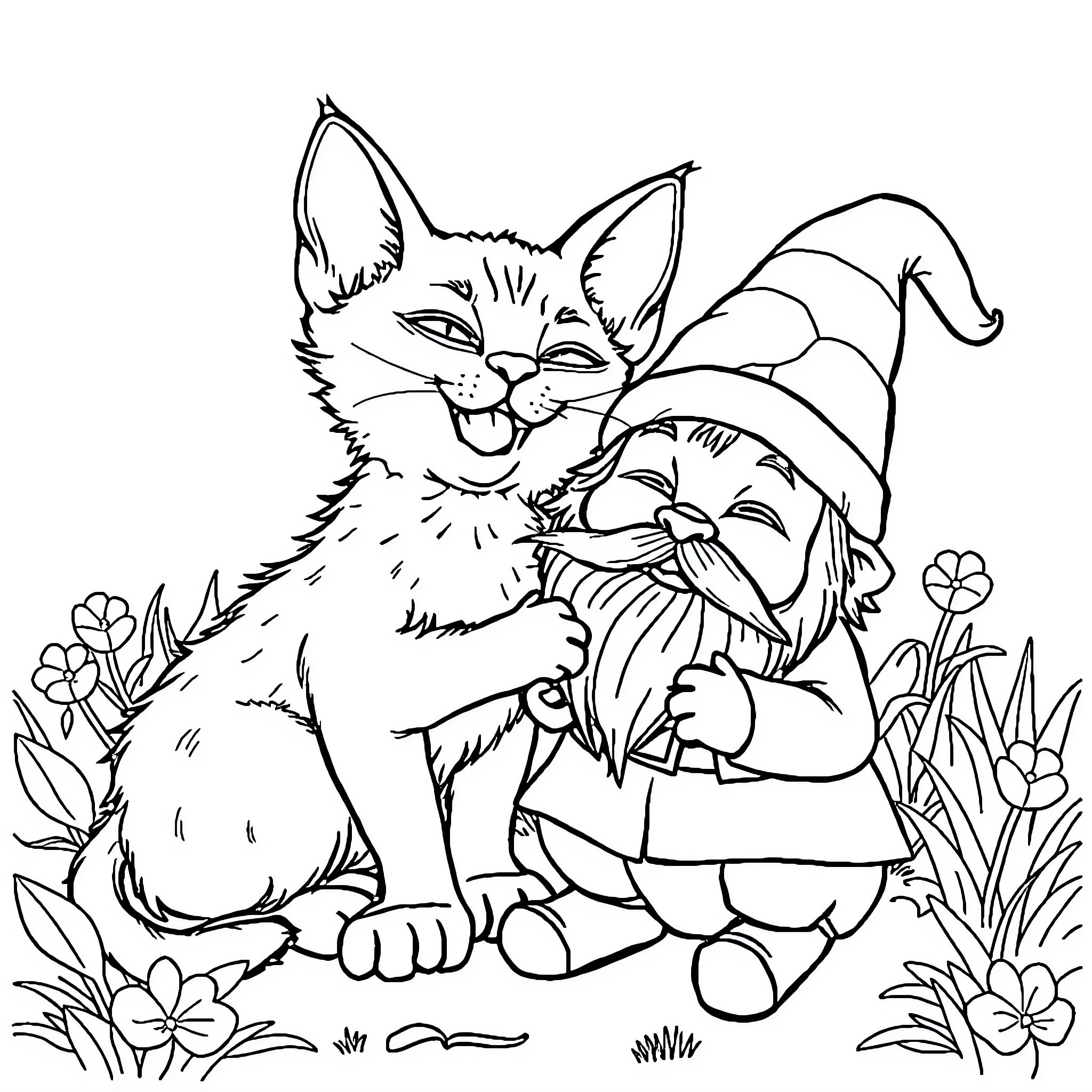 Sphynx Cat interacting with garden gnome Coloring Page (free black-and-white line drawing printable PDF for all, from beginners to advanced learners, including children, teens, adults, and seniors)
