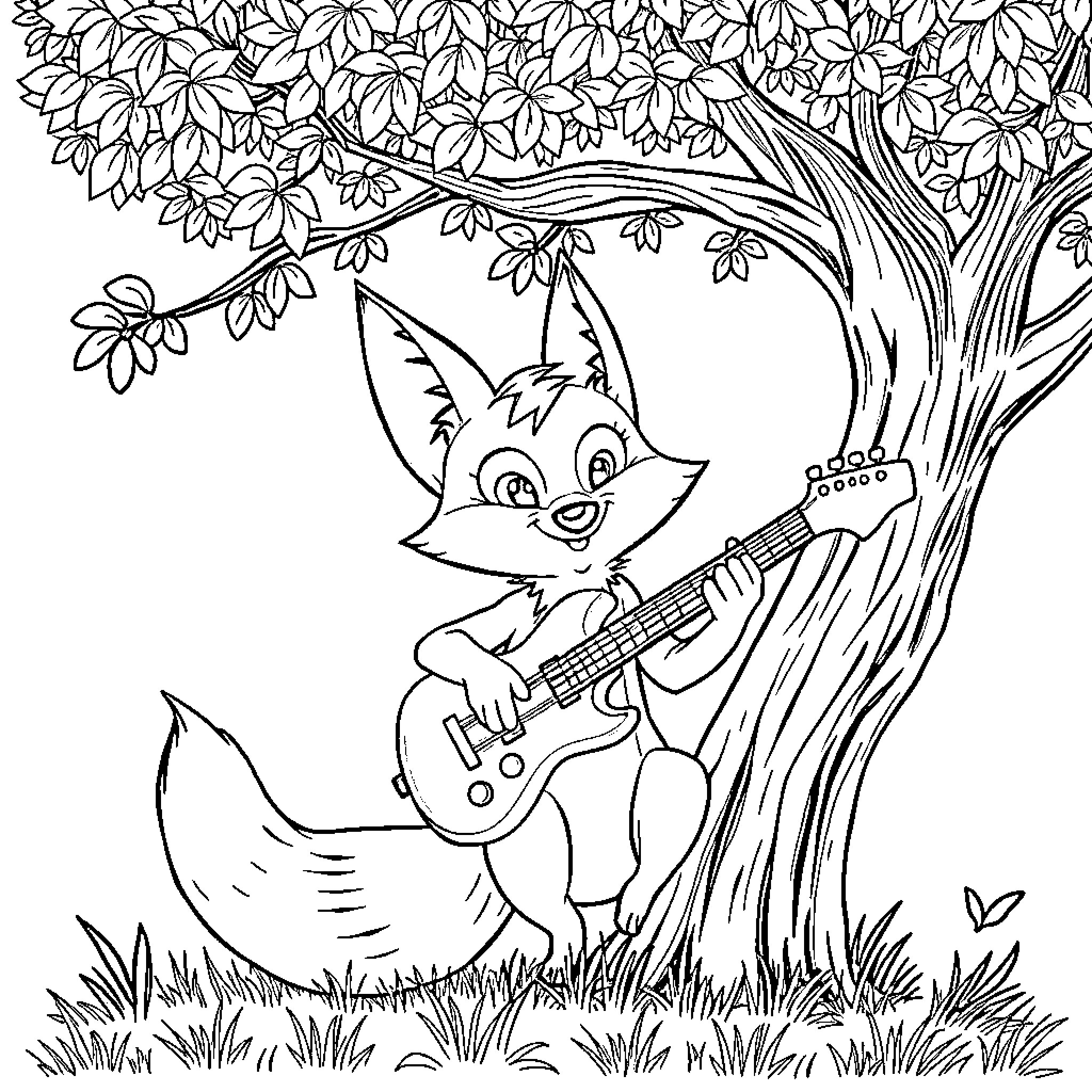 Fox playing guitar under a tree Coloring Page (free black-and-white line drawing printable PDF for all, from beginners to advanced learners, including children, teens, adults, and seniors)