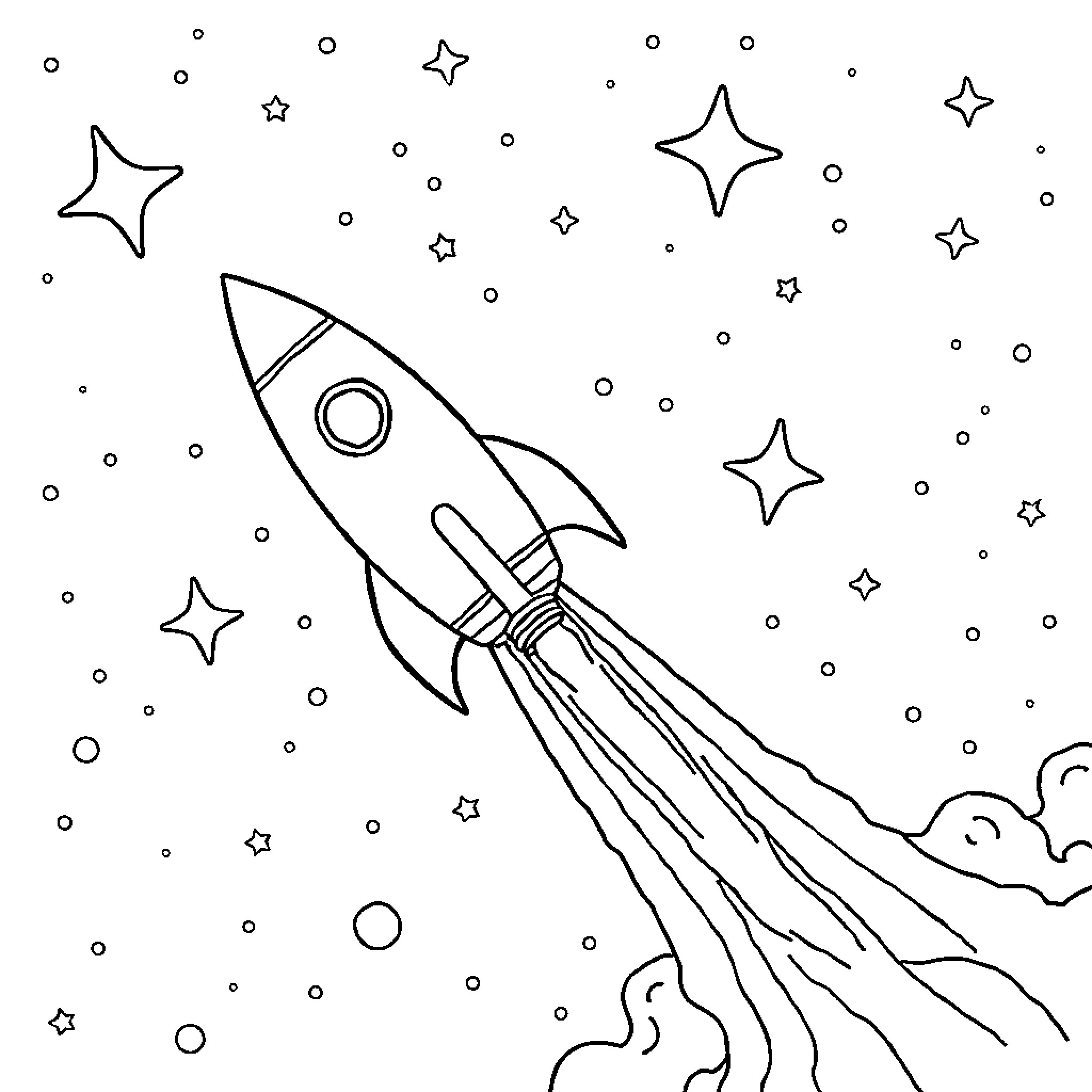 Rocket blasting off through starry night sky Coloring Page (free black-and-white line drawing printable PDF for all, from beginners to advanced learners, including children, teens, adults, and seniors)
