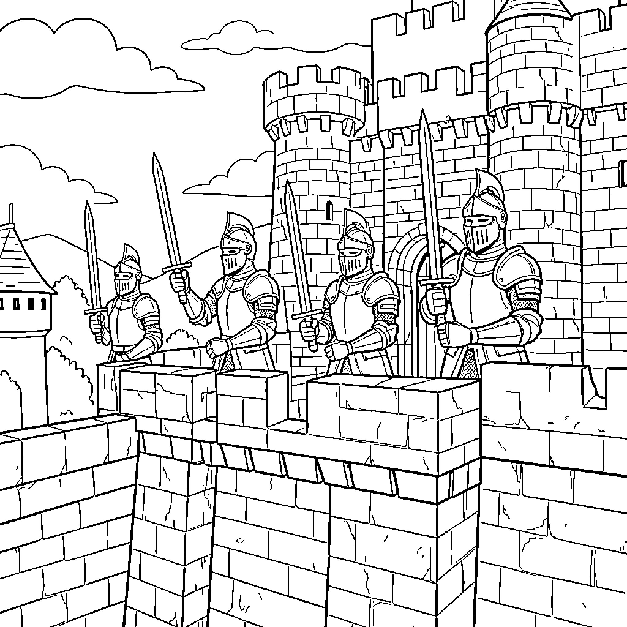 Knight standing on castle battlements holding swords Coloring Page (free black-and-white line drawing printable PDF for all, from beginners to advanced learners, including children, teens, adults, and seniors)