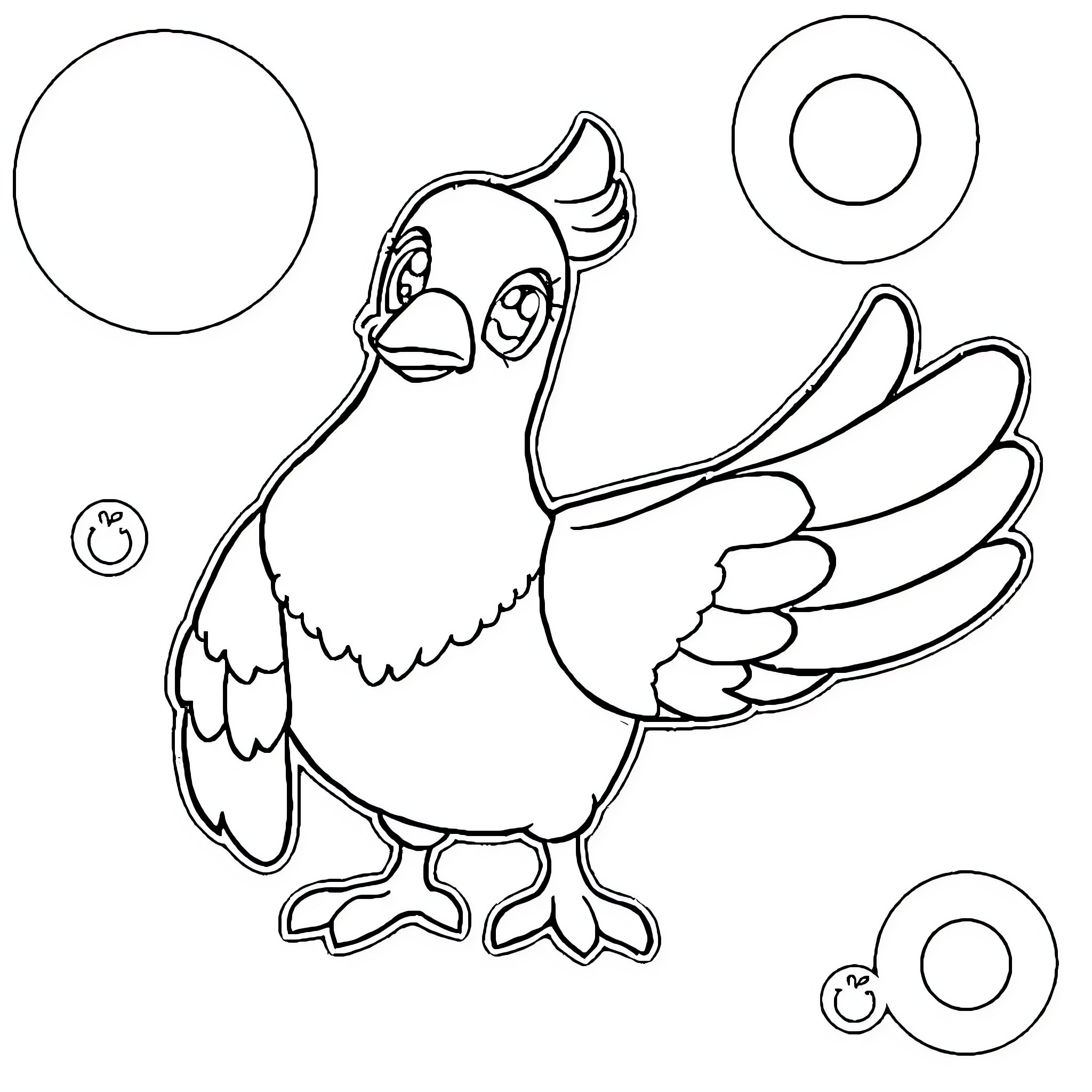 Pigeon in a Whimsical Drawing Coloring Page (free black-and-white line drawing printable PDF for all, from beginners to advanced learners, including children, teens, adults, and seniors)