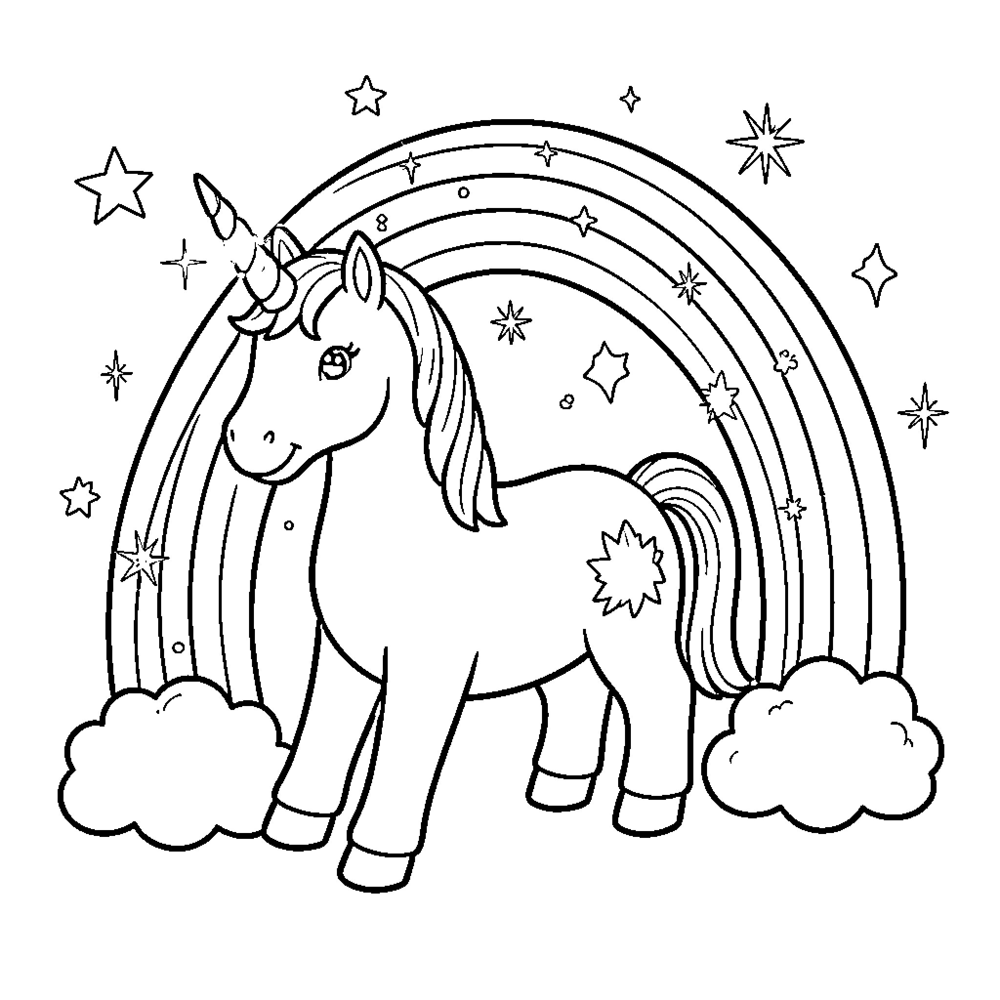 Unicorn standing proudly in front of a rainbow Coloring Page (free black-and-white line drawing printable PDF for all, from beginners to advanced learners, including children, teens, adults, and seniors)