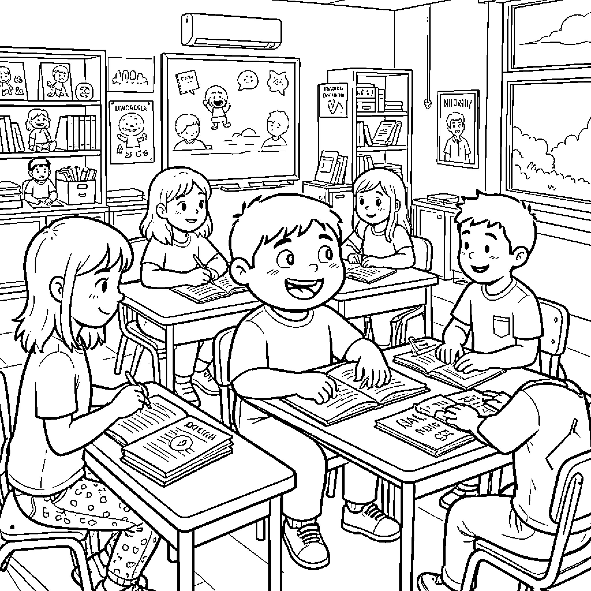 Jeffy learning and interacting with classmates in a classroom Coloring Page (free black-and-white line drawing printable PDF for all, from beginners to advanced learners, including children, teens, adults, and seniors)