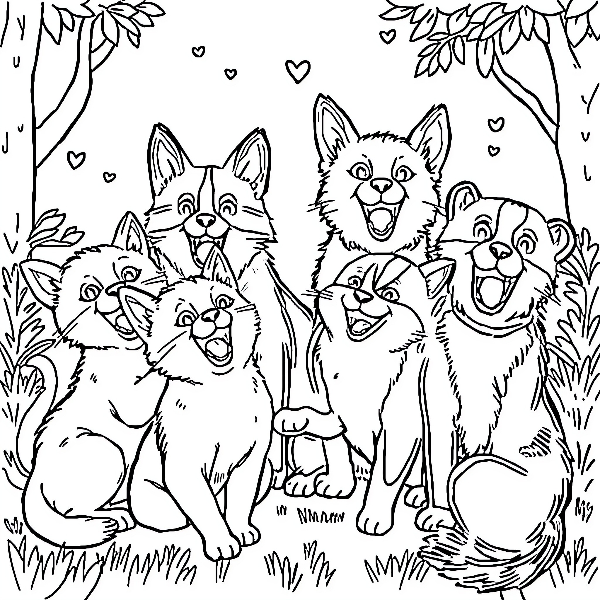 Cat and Dog playing happily in the forest Coloring Page (free black-and-white line drawing printable PDF for all, from beginners to advanced learners, including children, teens, adults, and seniors)