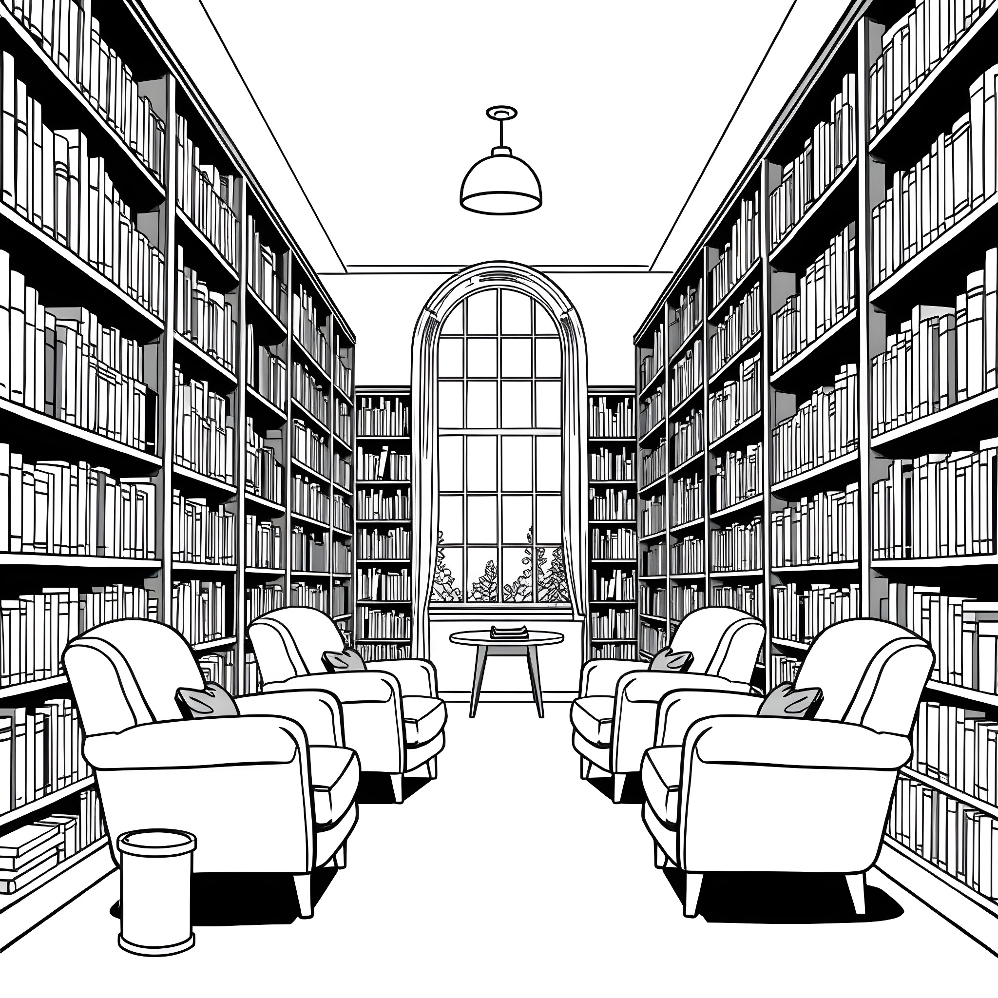 Reading Space in a Cozy Library Coloring Page (free black-and-white line drawing printable PDF for all, from beginners to advanced learners, including children, teens, adults, and seniors)